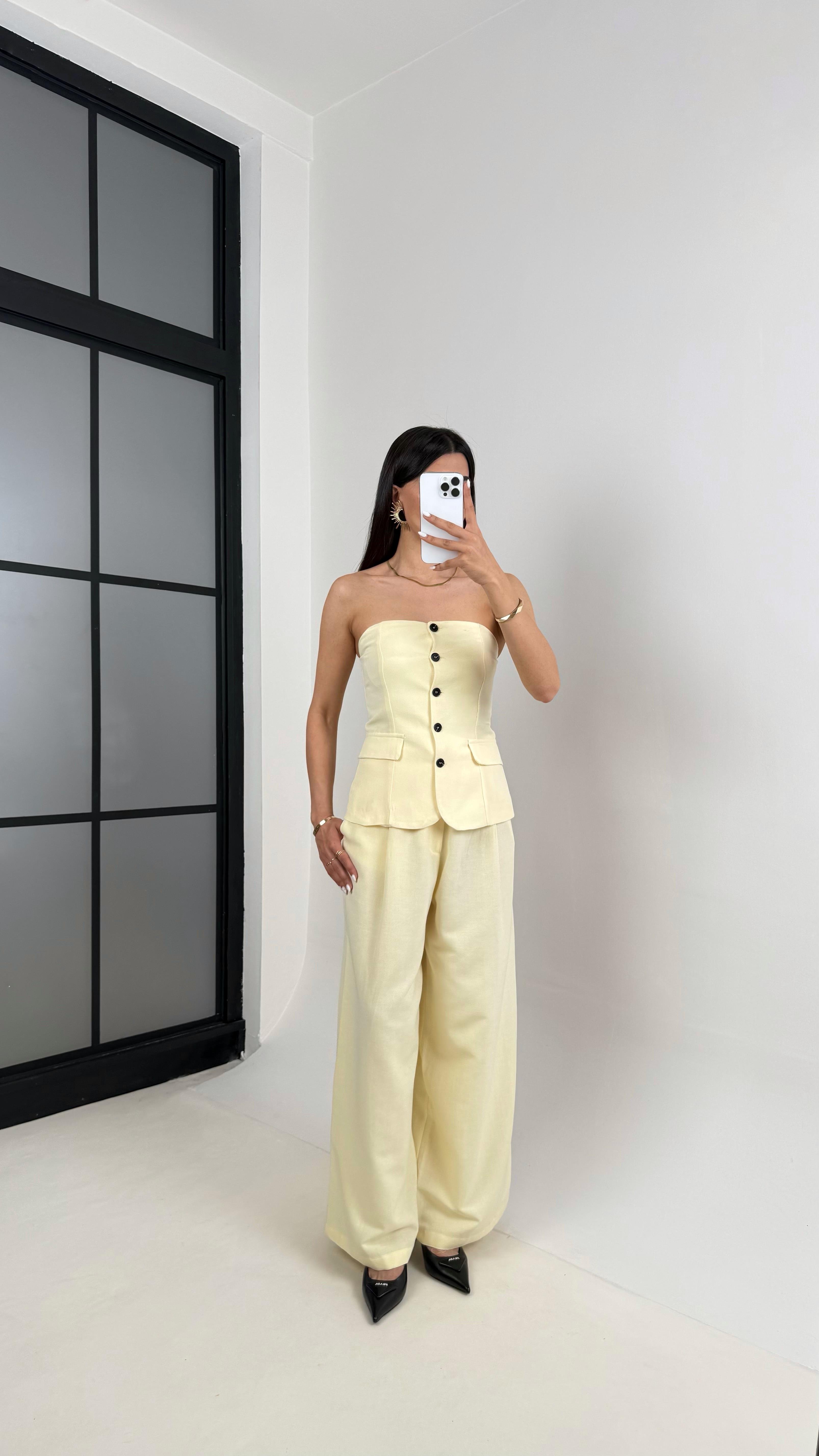 Sarı Straplez Düğmeli Üst Cepli Pantolon İkili Keten Tasarım Takım Gaus00440GausTAKIMGU1002020