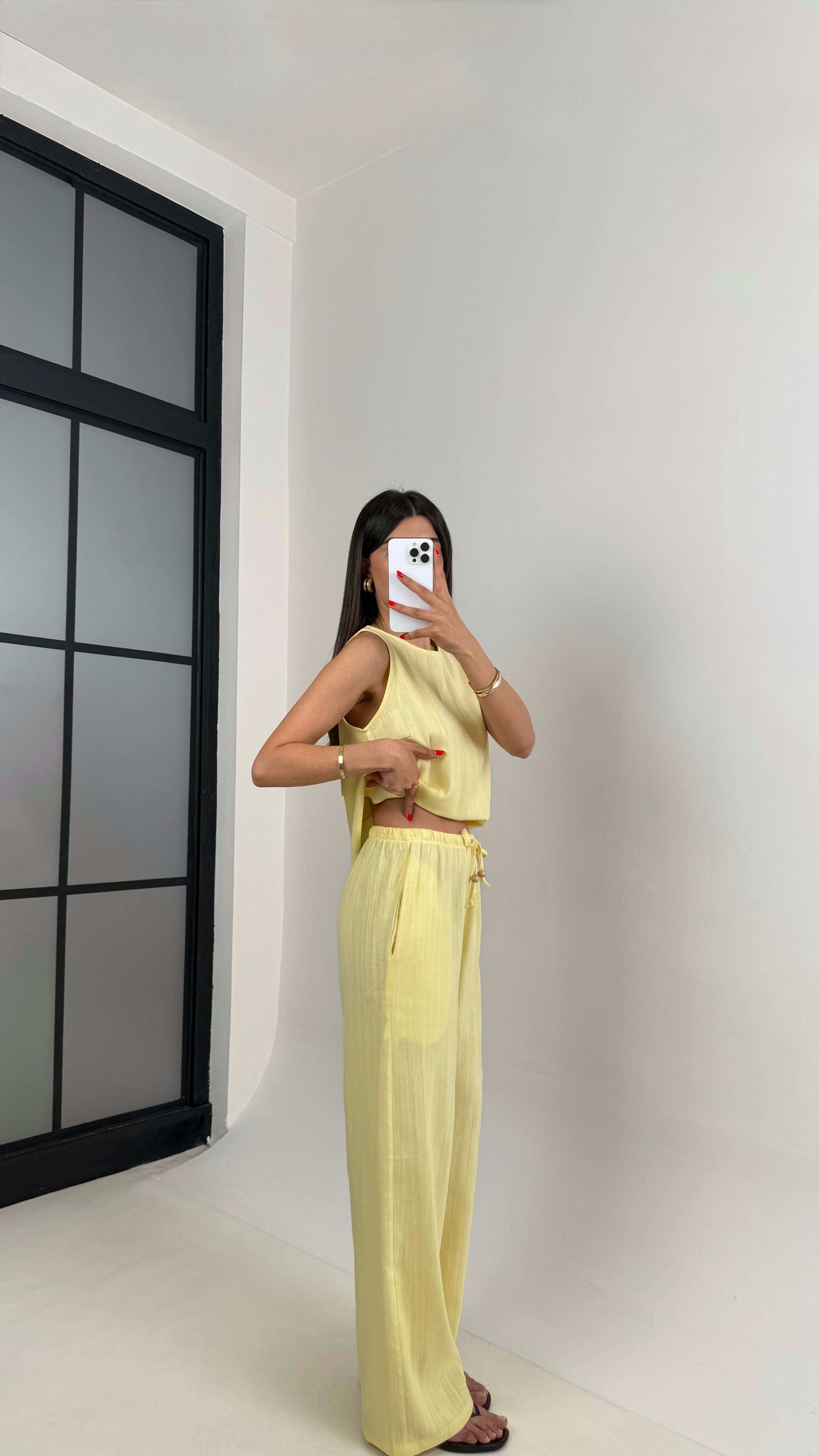 Sarı Sıfır Kol Bluz Beli Lastikli Pantolon Md Muadil Keten Takım Gaus00495 GausTAKIMGU1002159