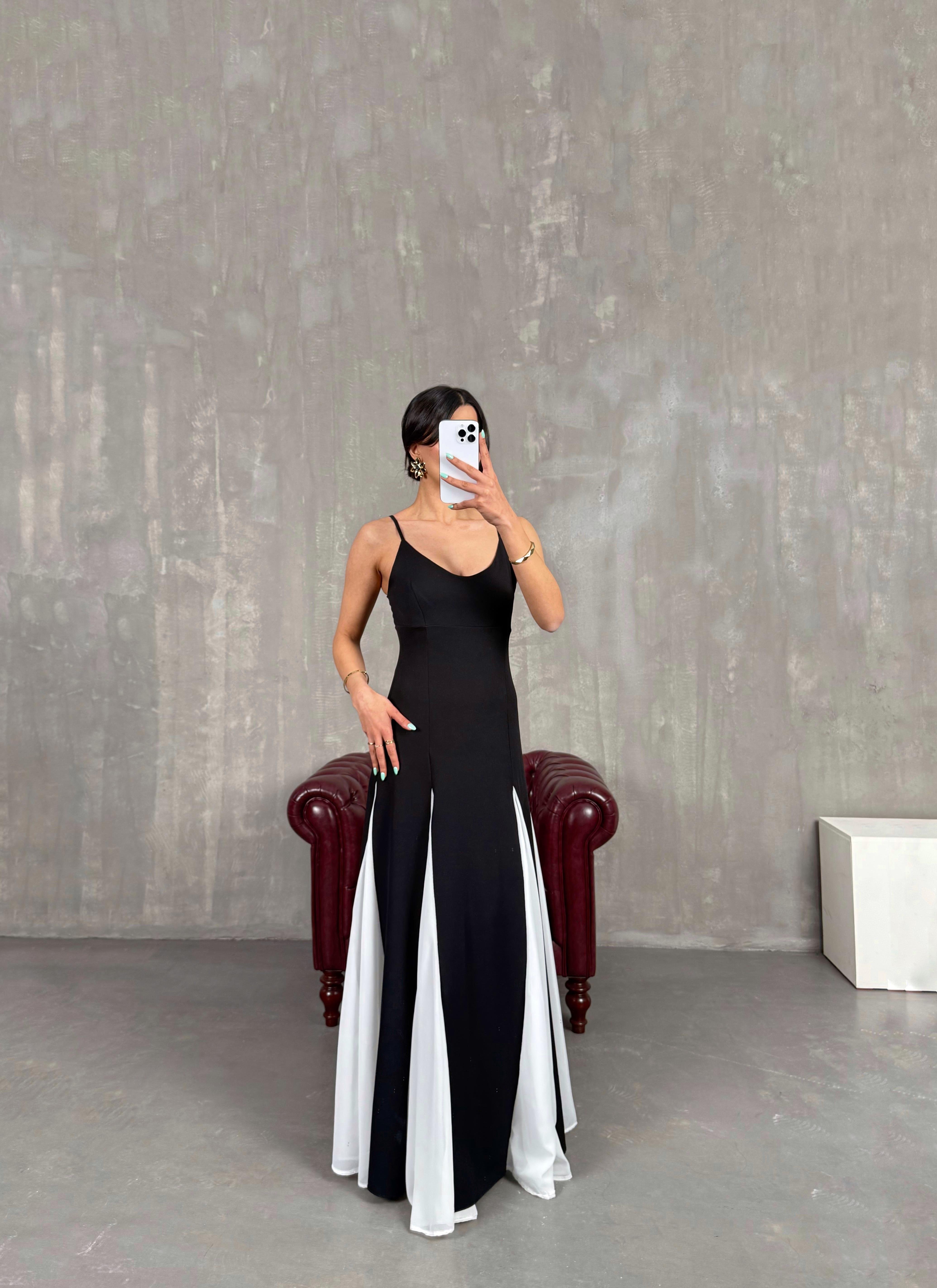 Siyah Ayarlanabilir Askılı Beyaz Şifon Detaylı Astarlı Viral Pinterest Elbise Gaus00242GausELBİSEGU1001563