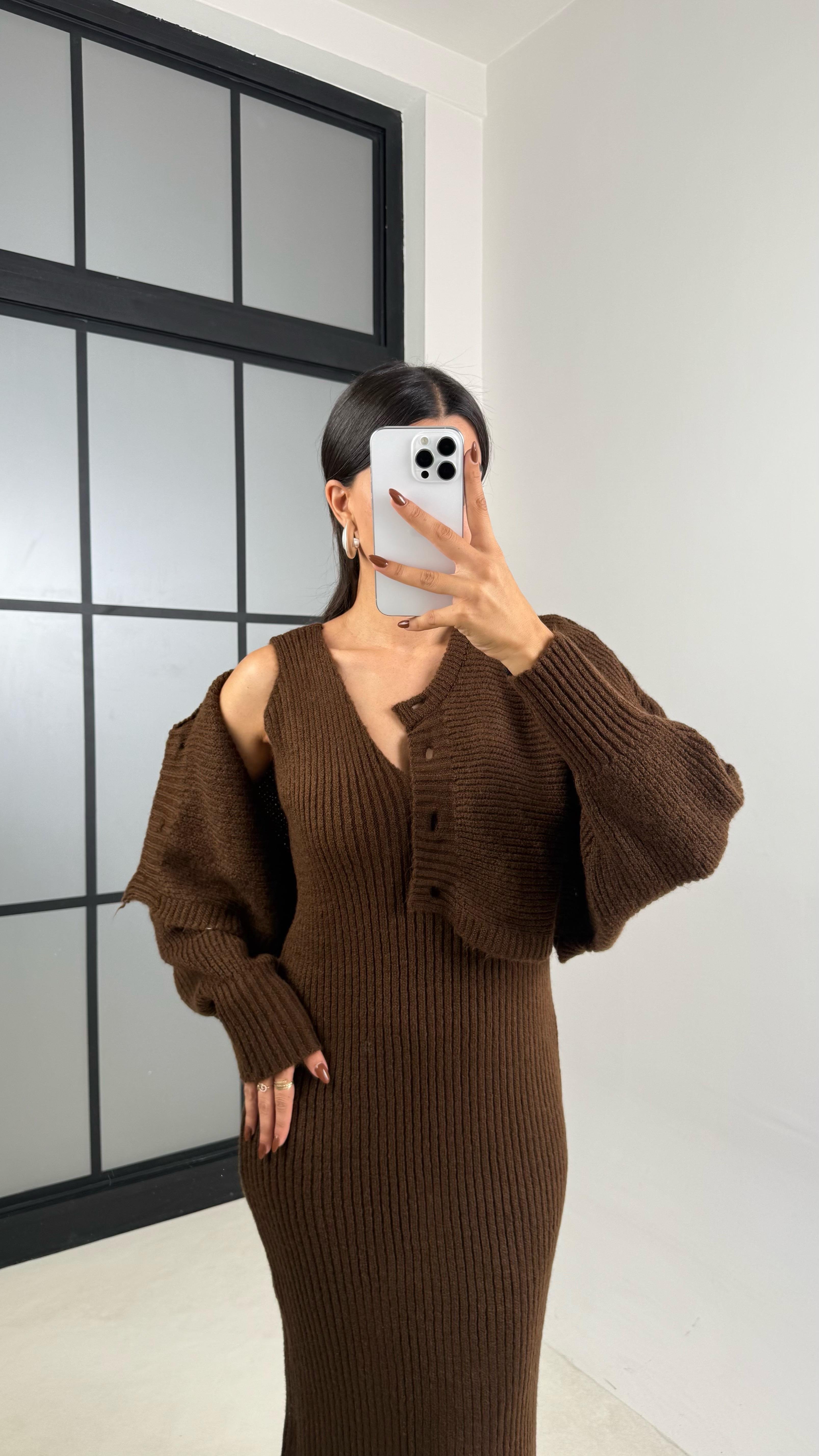 Acı Kahve Hırka Askılı Elbise İkili Triko Takım GAUS-00185GAUSTAKIMGAUS-00185