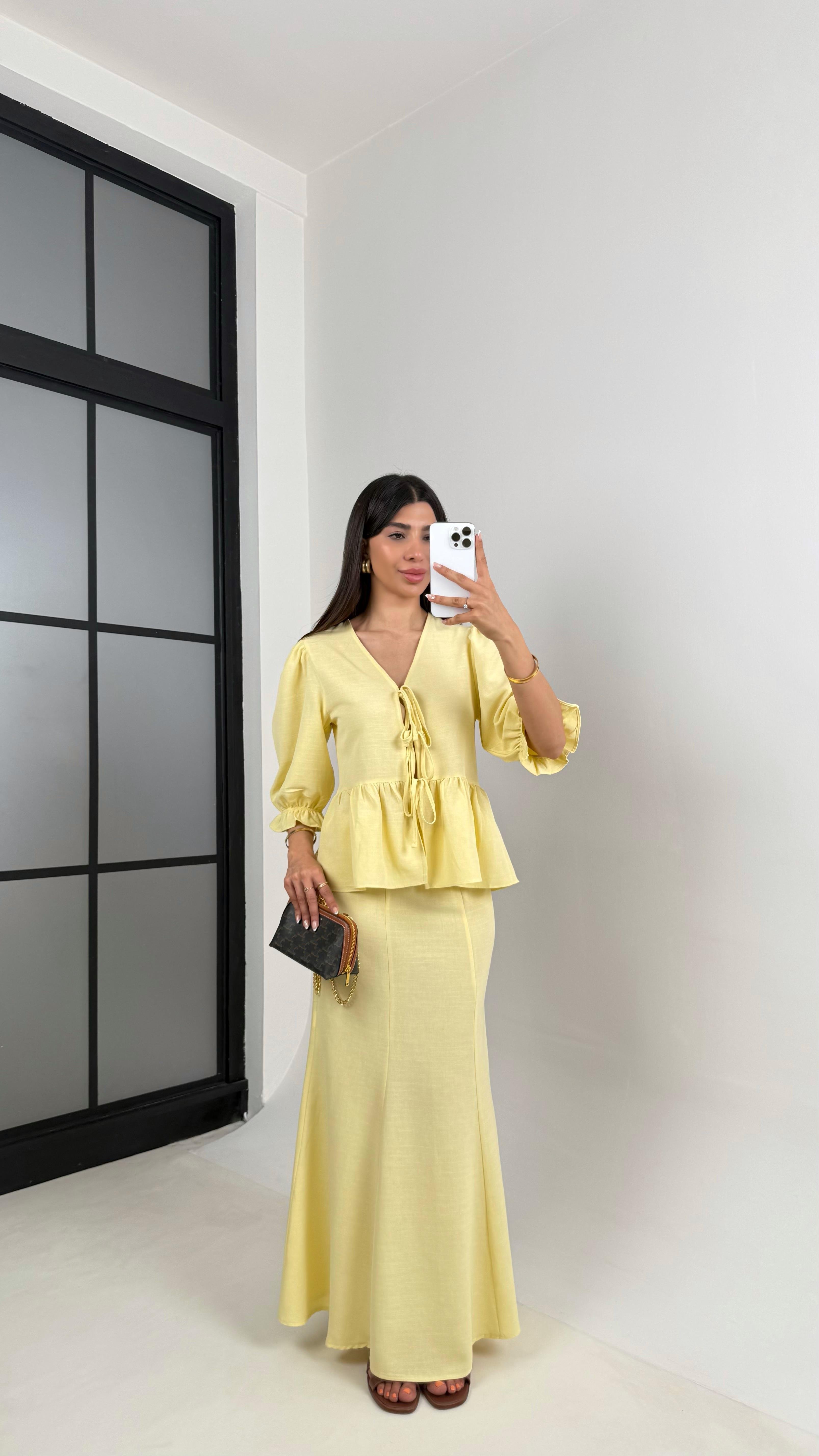 Sarı Önden Bağlama Detaylı Balon Kol Bluz Etek İkili Pinterest Keten Takım Gaus00570 GausTAKIMGU1002330