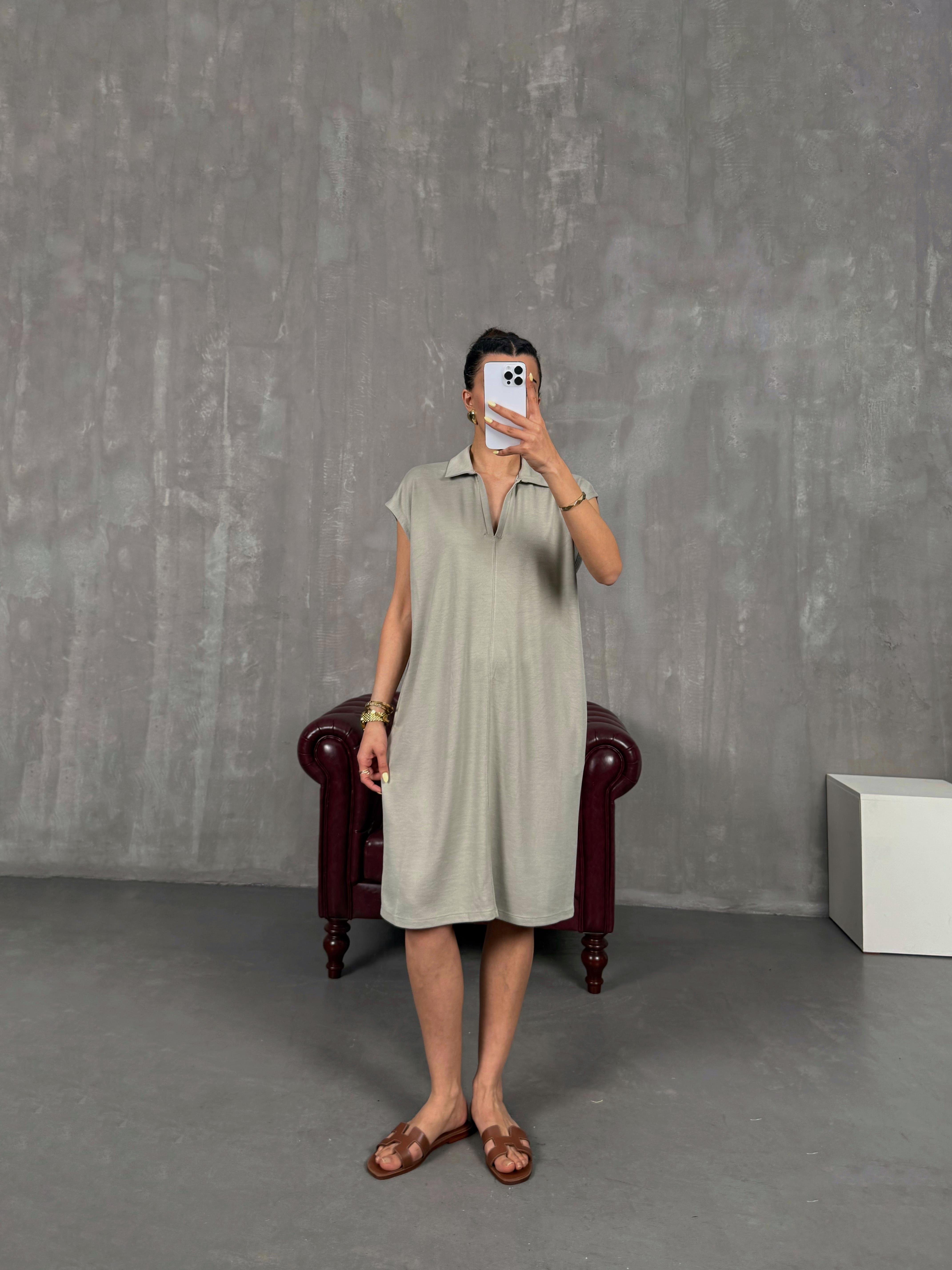 Bej V Polo Yaka Elbise Gaus00117GausELBİSEGU1001263