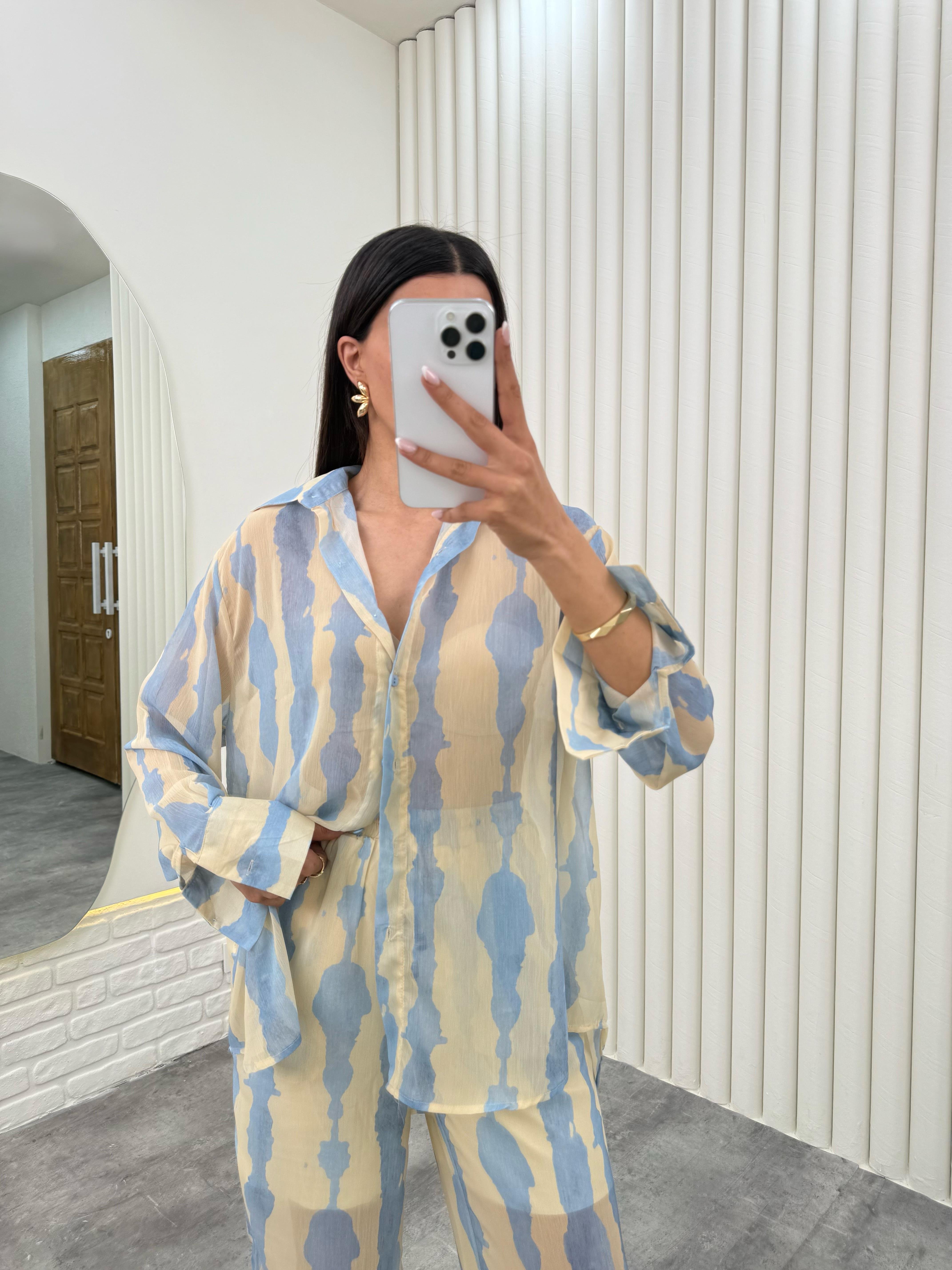 Mavi Yarım Astarlı Desenli Tül Takım Gaus00281GausTAKIMGU1001654