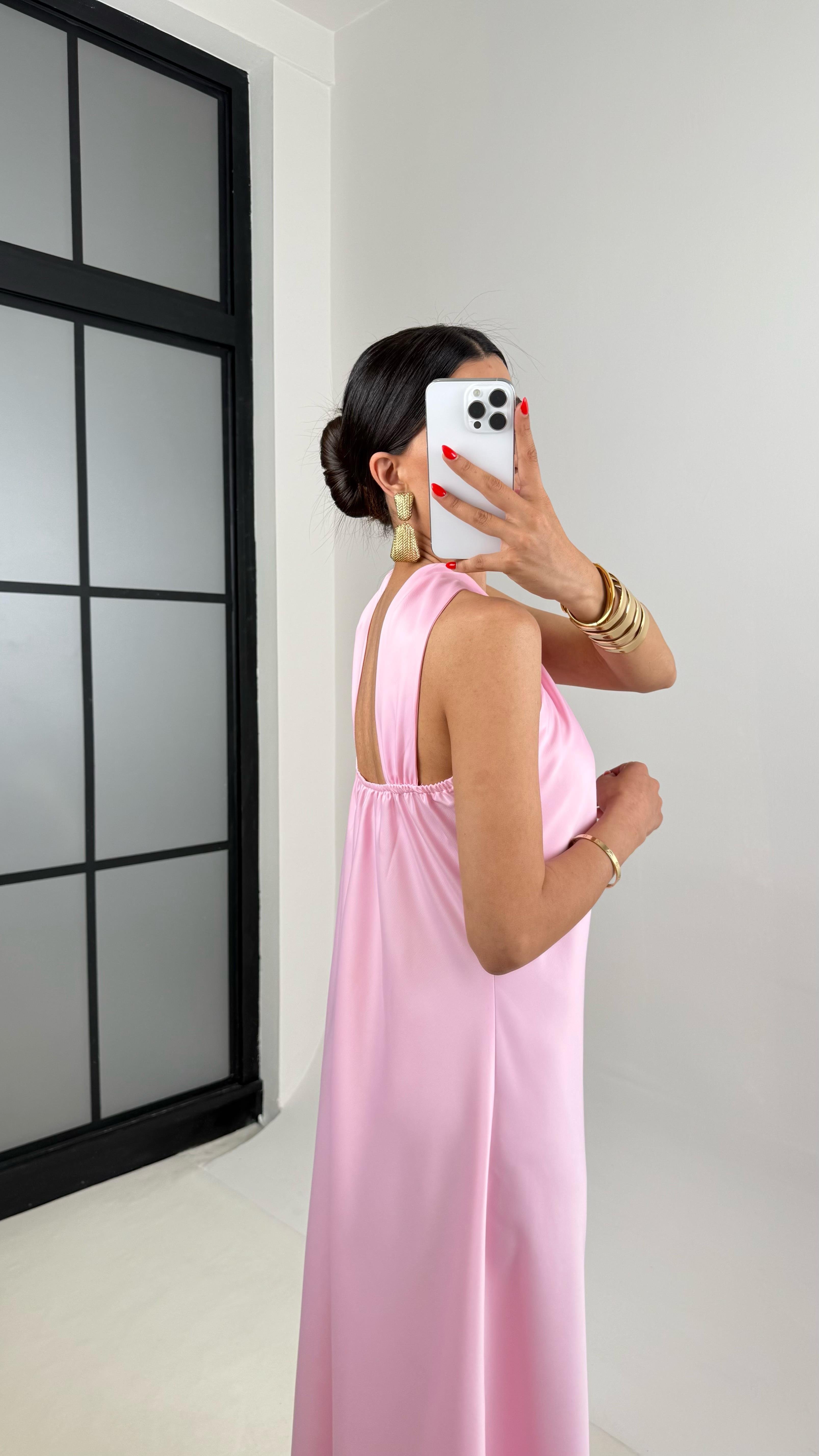 Pembe Sırt Bağlama Detaylı Saten Elbise Gaus00503GausELBİSEGU1002180