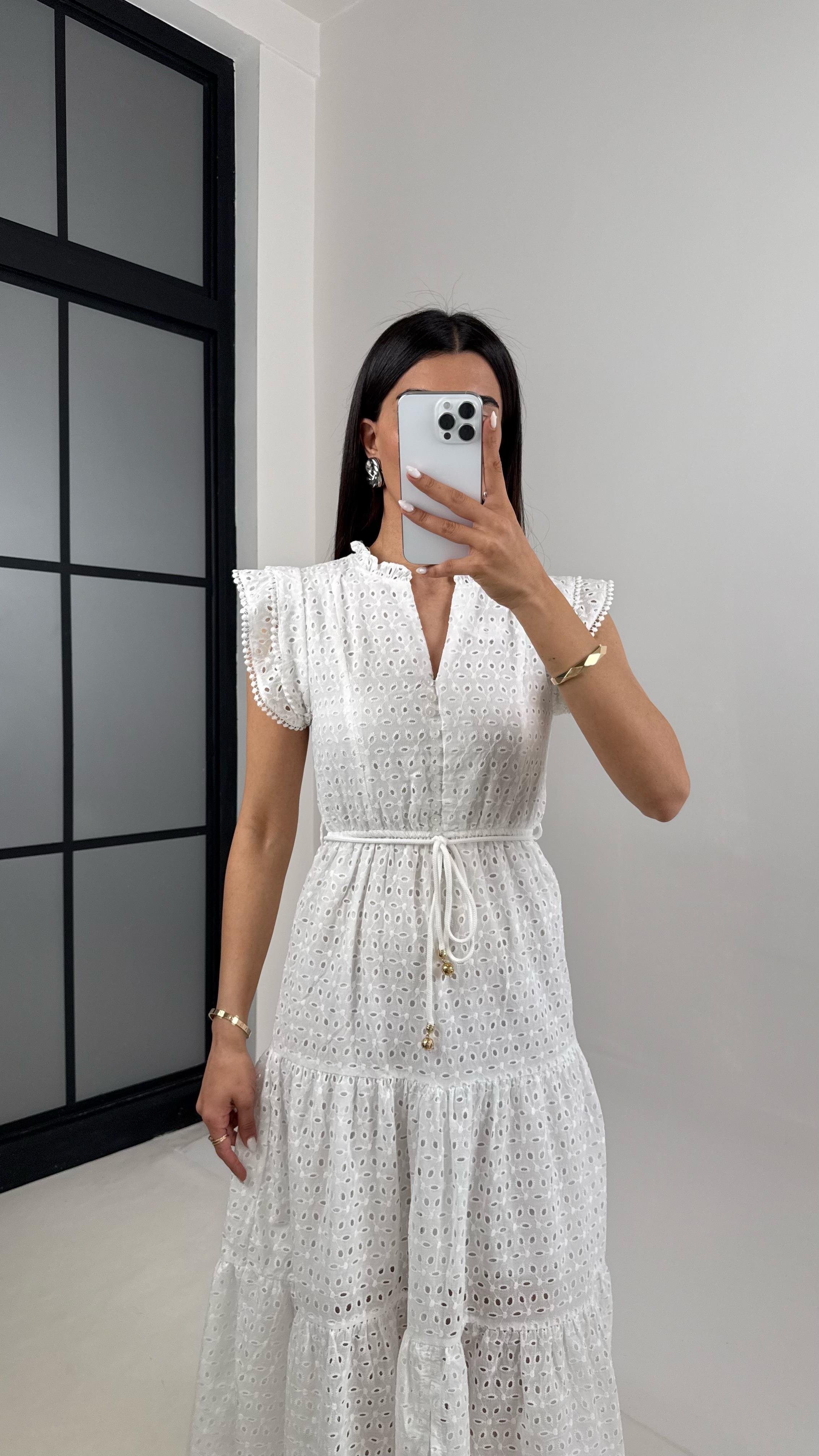 Beyaz V Yaka Astarlı Fistolu Elbise Gaus00406GausELBİSEGU1001947