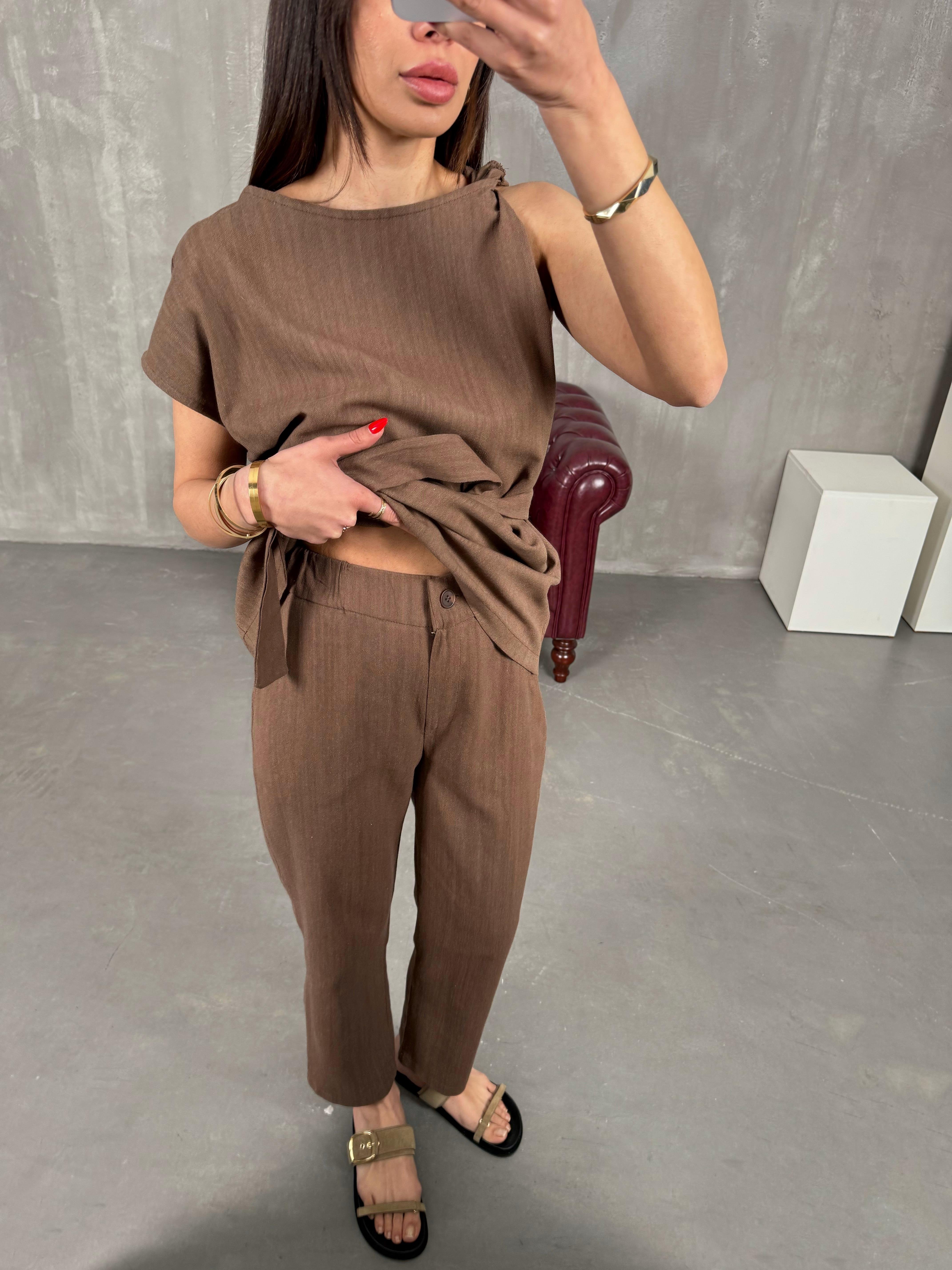 Kahve Omuz Detaylı Kuşaklı Keten Takım Gaus00188GausTAKIMGU1001433