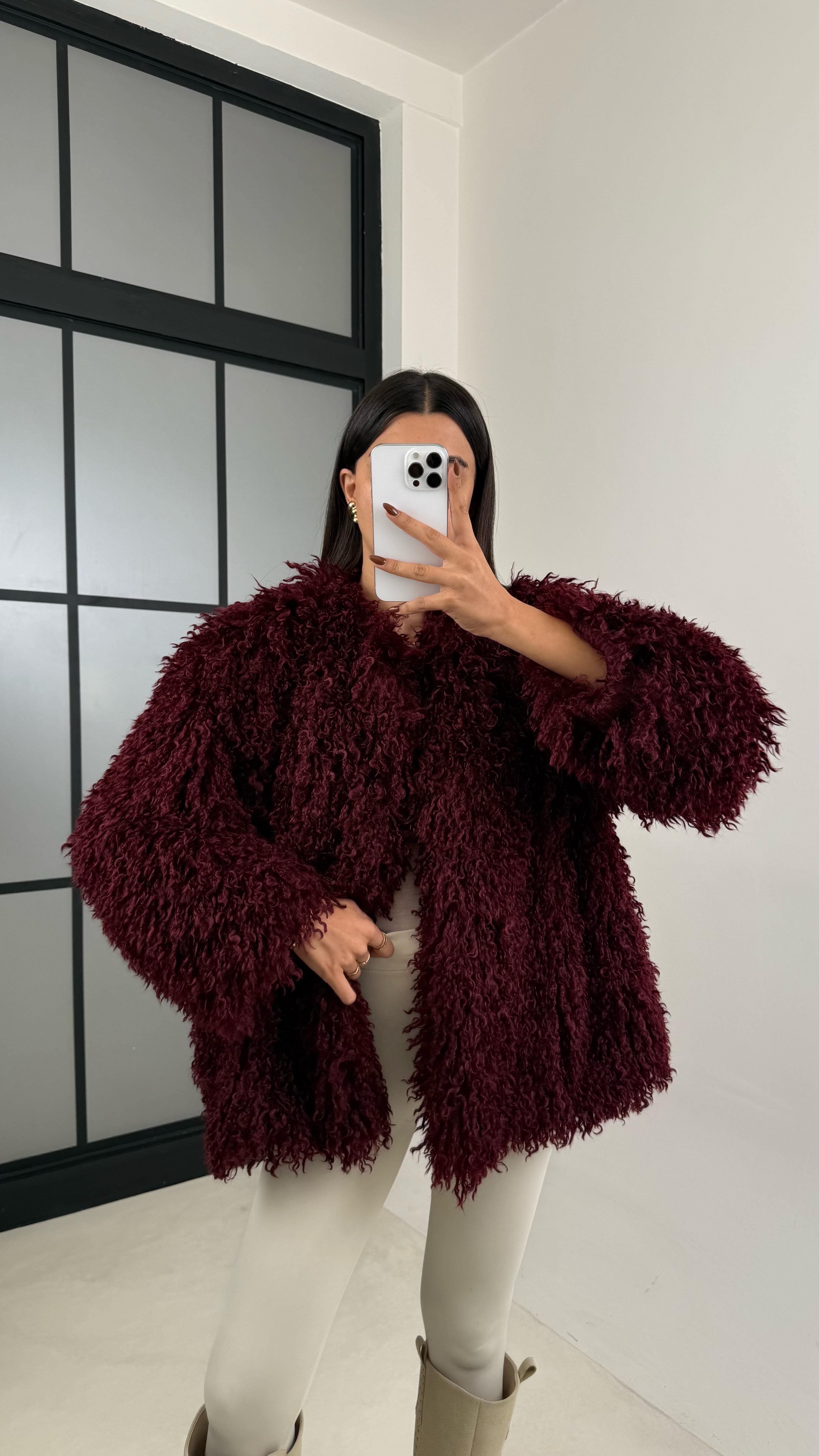 Bordo Saçaklı Astarlı Premium Kürk GAUS-00332GAUS الجواكيت GAUS-00332