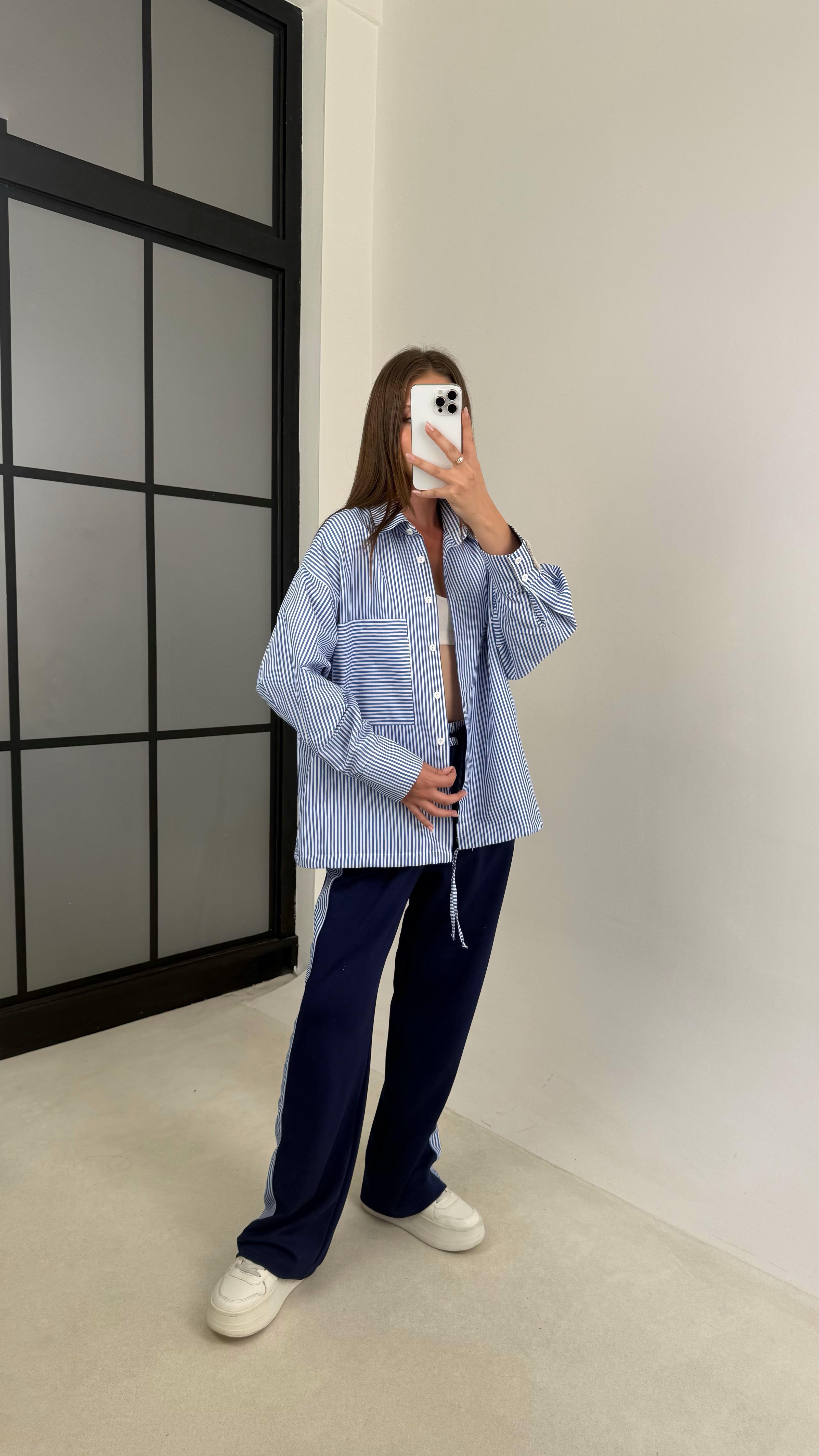 Mavi Çizgili Gömlek Manşet Detaylı  Beli Lastikli Pantolon İkili Tasarım Takım GAUS-00122GAUSTAKIMGAUS-00122