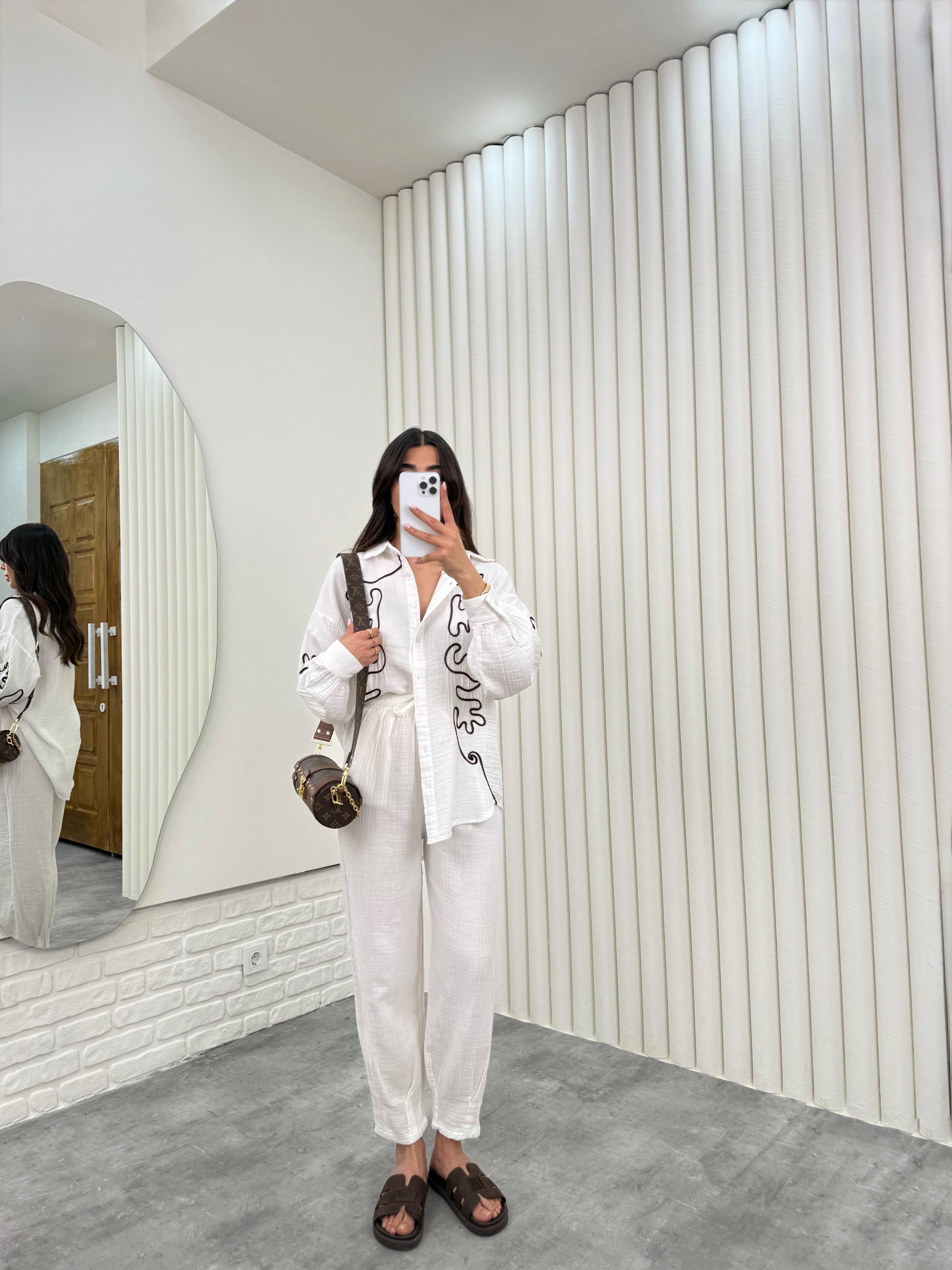 Beyaz Kahve İşlemeli Gömlek Beli Lastikli Pantolon Müslin İkili Takım Gaus00293GausTAKIMGU1001678