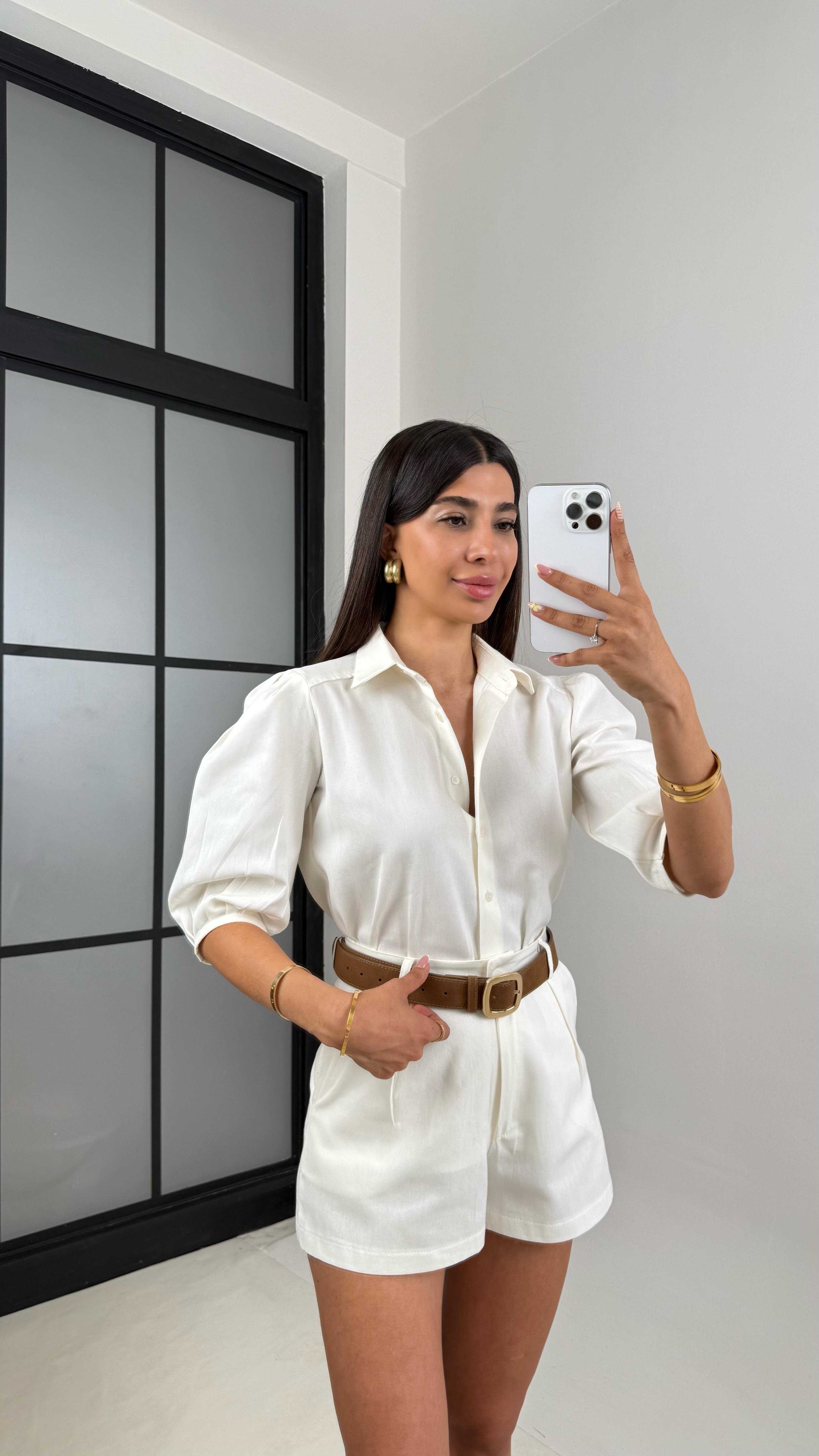 Beyaz Balon Kol Gömlek Şortlu Premium Keten Takım Gaus00675GausTAKIMGU1002556