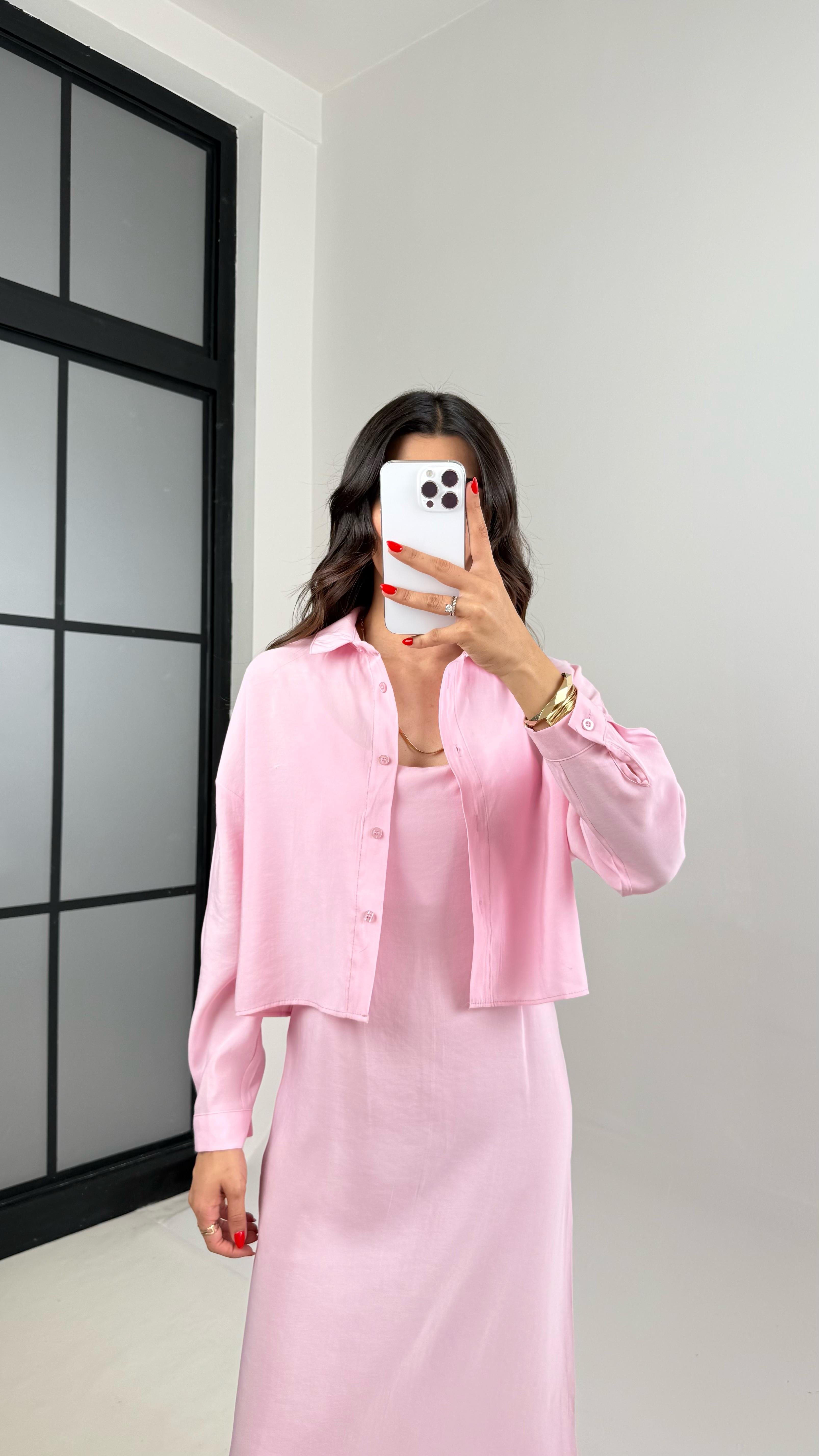 Pembe Ayarlanabilir Askılı Elbise Gömlek İkili Tensel Takım Gaus00467GausTAKIMGU1002091