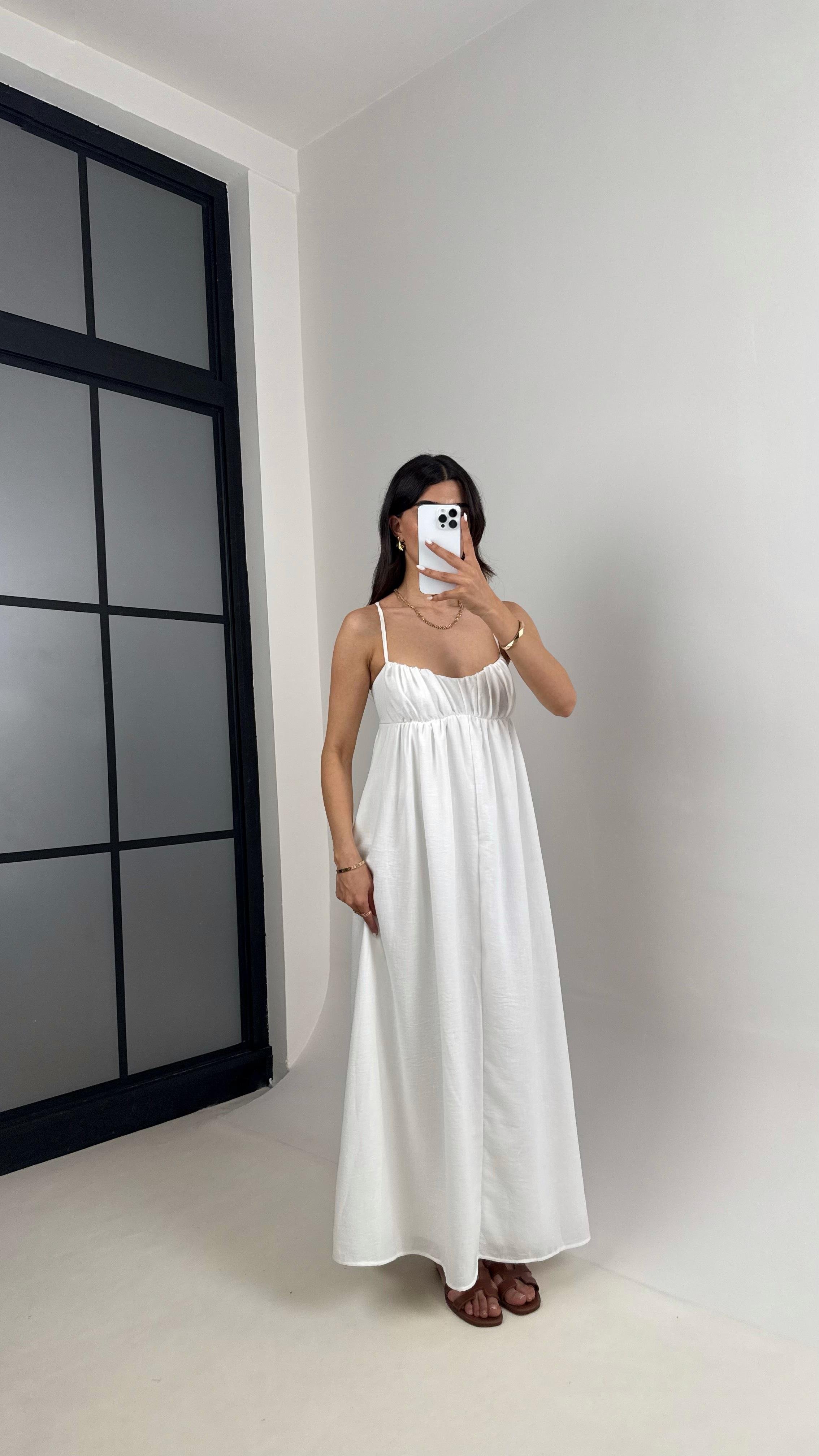 Beyaz Boyundan Bağlamalı Astarlı Keten Elbise Gaus00427GausELBİSEGU1001997