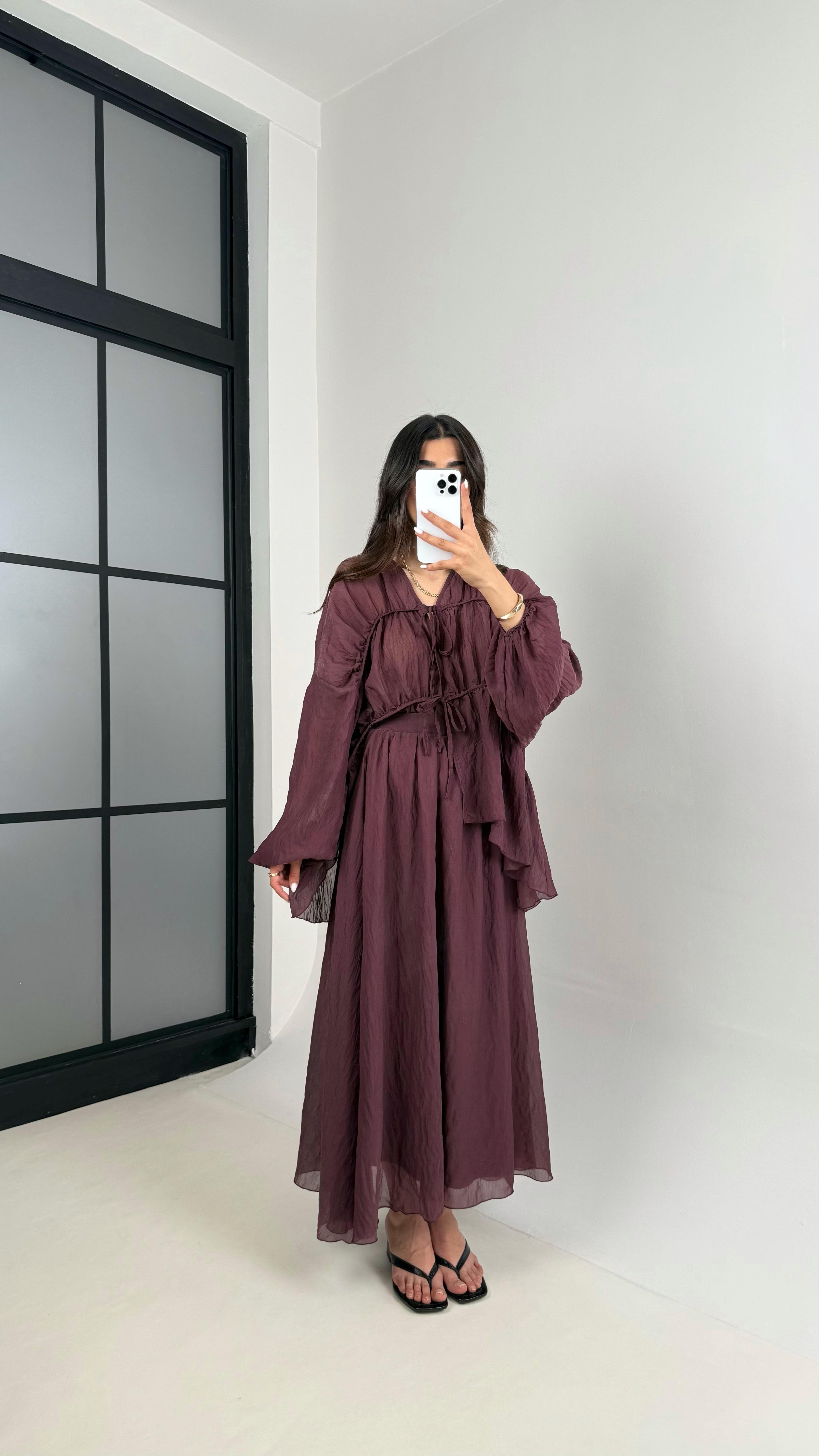 Mürdüm Gipeli Önden Bağlamalı Üst Astarlı Etek İkili Kırışık Kumaş Takım Gaus00426GausTAKIMGU1001992