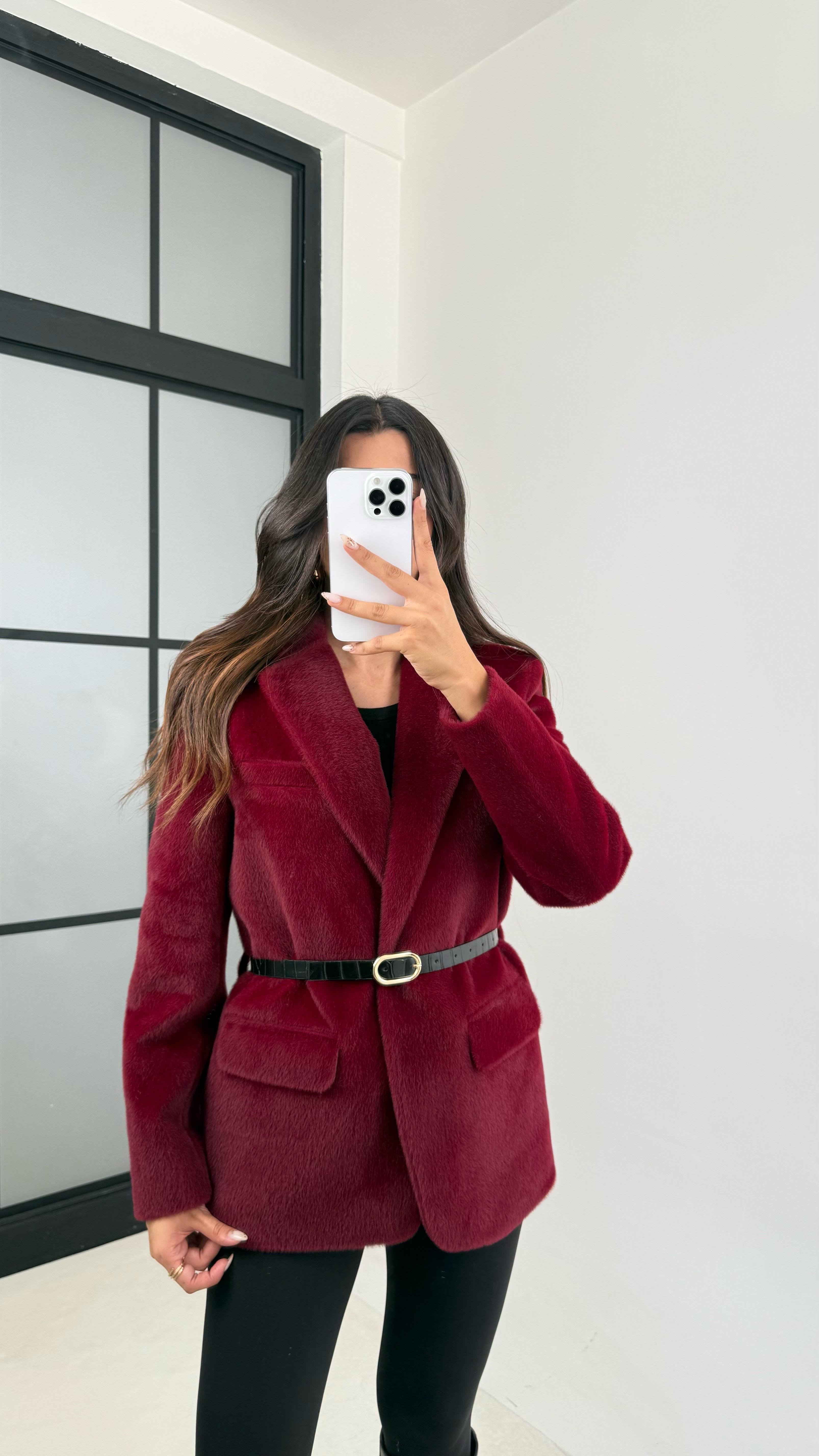 Bordo Astarlı Kemerli Peluş Tüylü Ceket GAUS-00131GAUS السترات  GAUS-00131