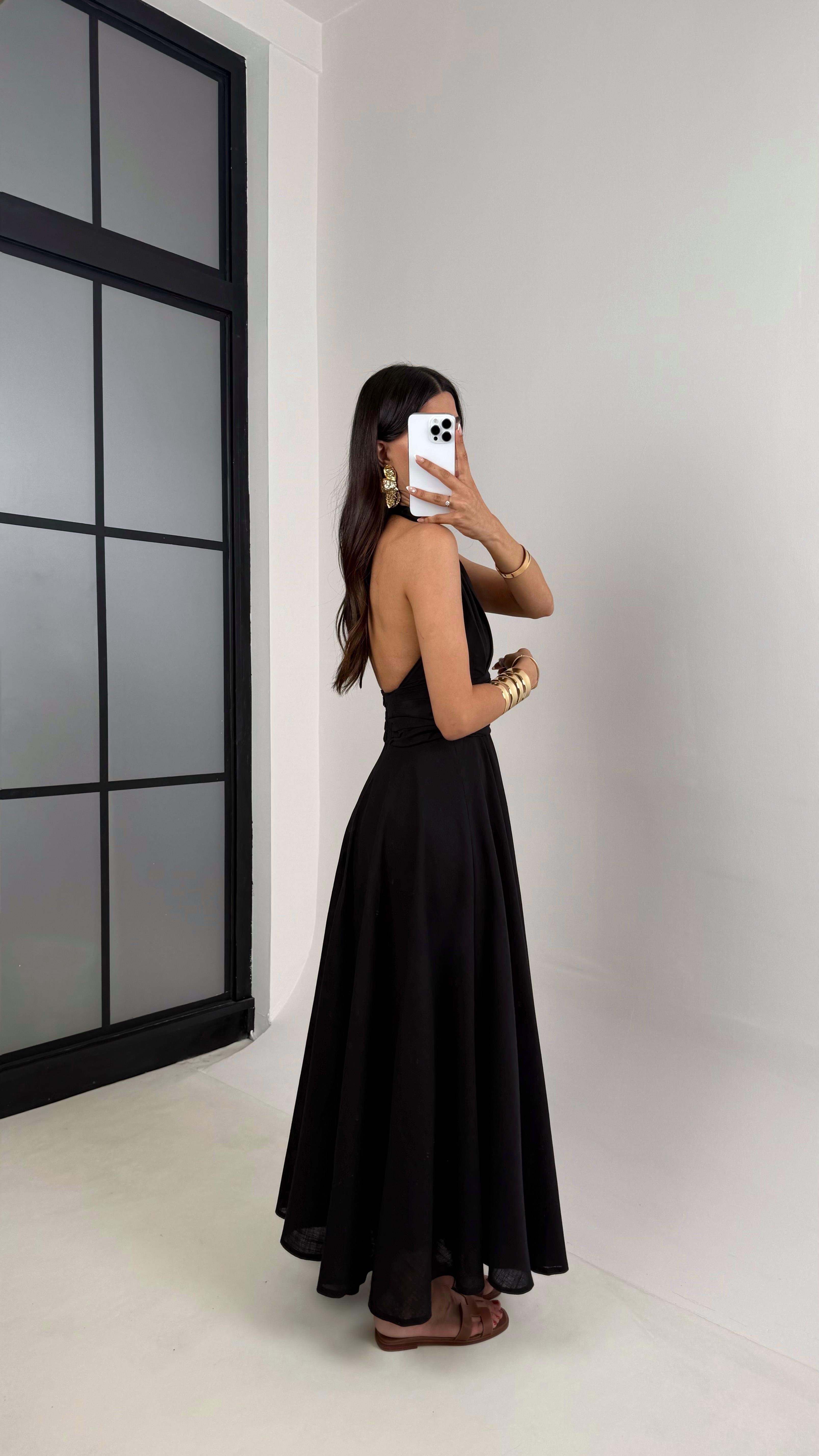 Siyah Boyundan Bağlamalı Astarlı Keten Elbise Gaus00627GausELBİSEGU1002466