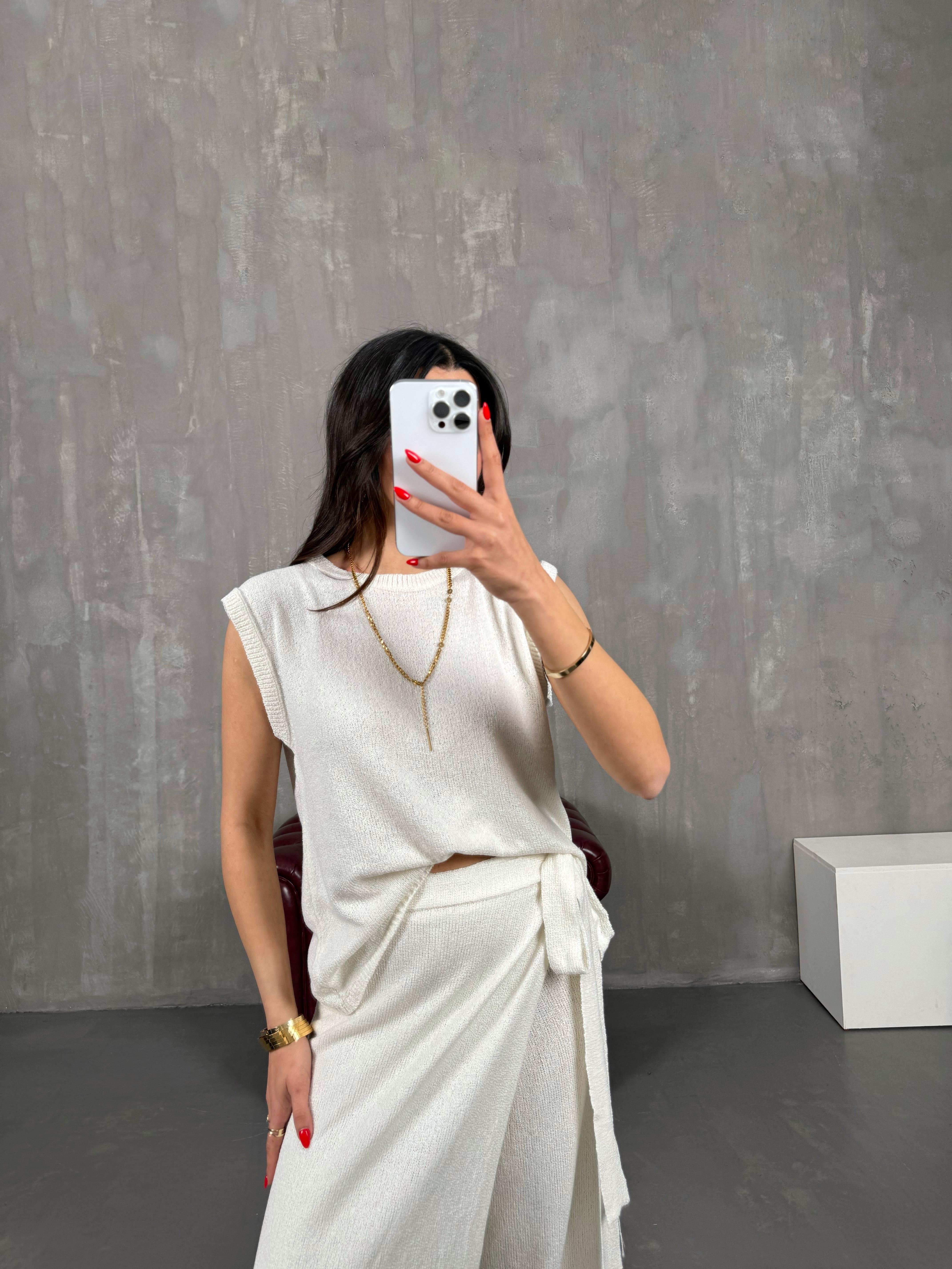 Krem Etekli Pantolon Sıfır Kol Triko Takım Gaus00174GausTAKIMGU1001402