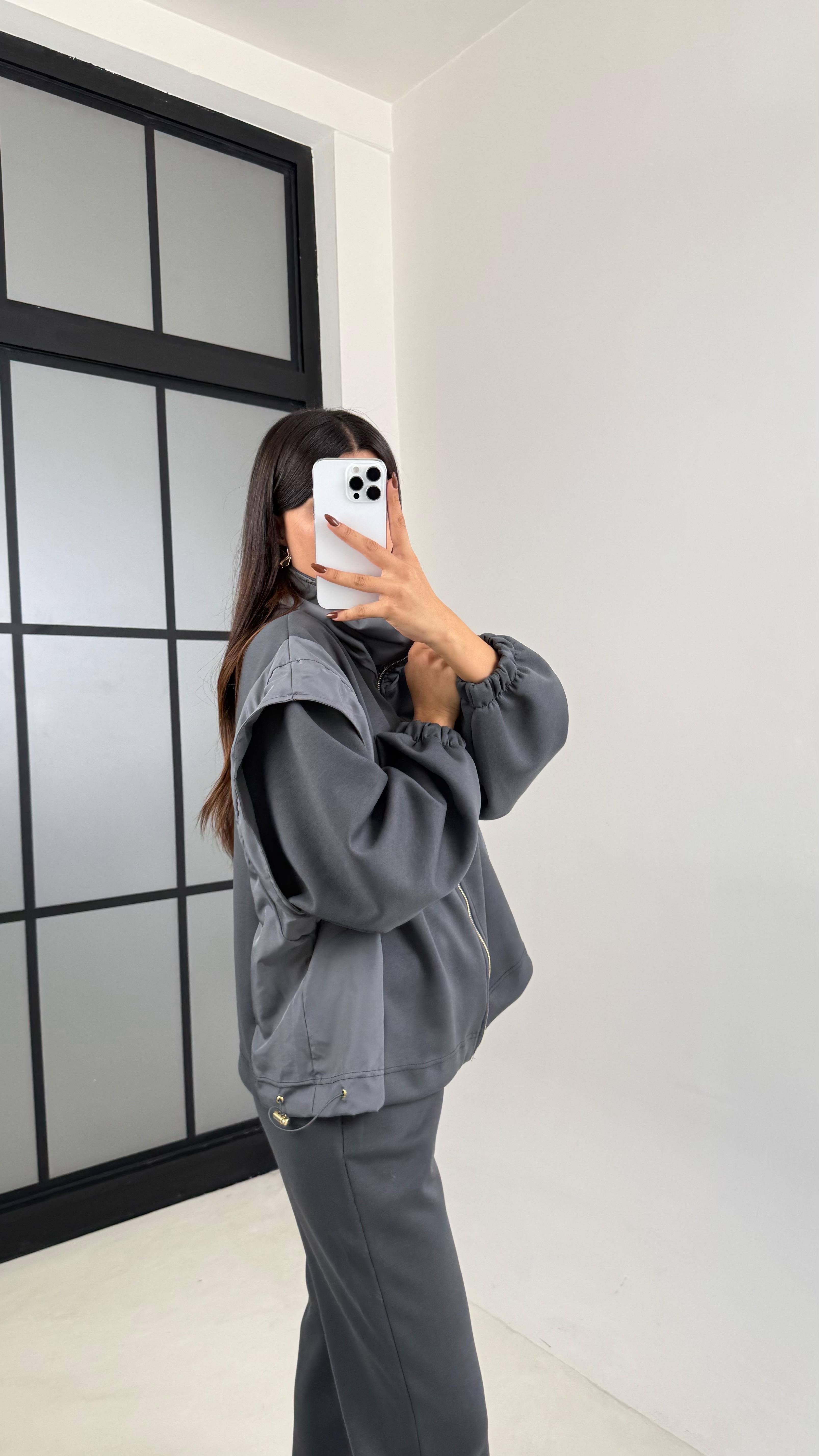 Antrasit Paraşüt Kumaş Detaylı Hırka Pantolon İkili Modal Kumaş Takım GAUS-00209GAUSTAKIMGAUS-00209