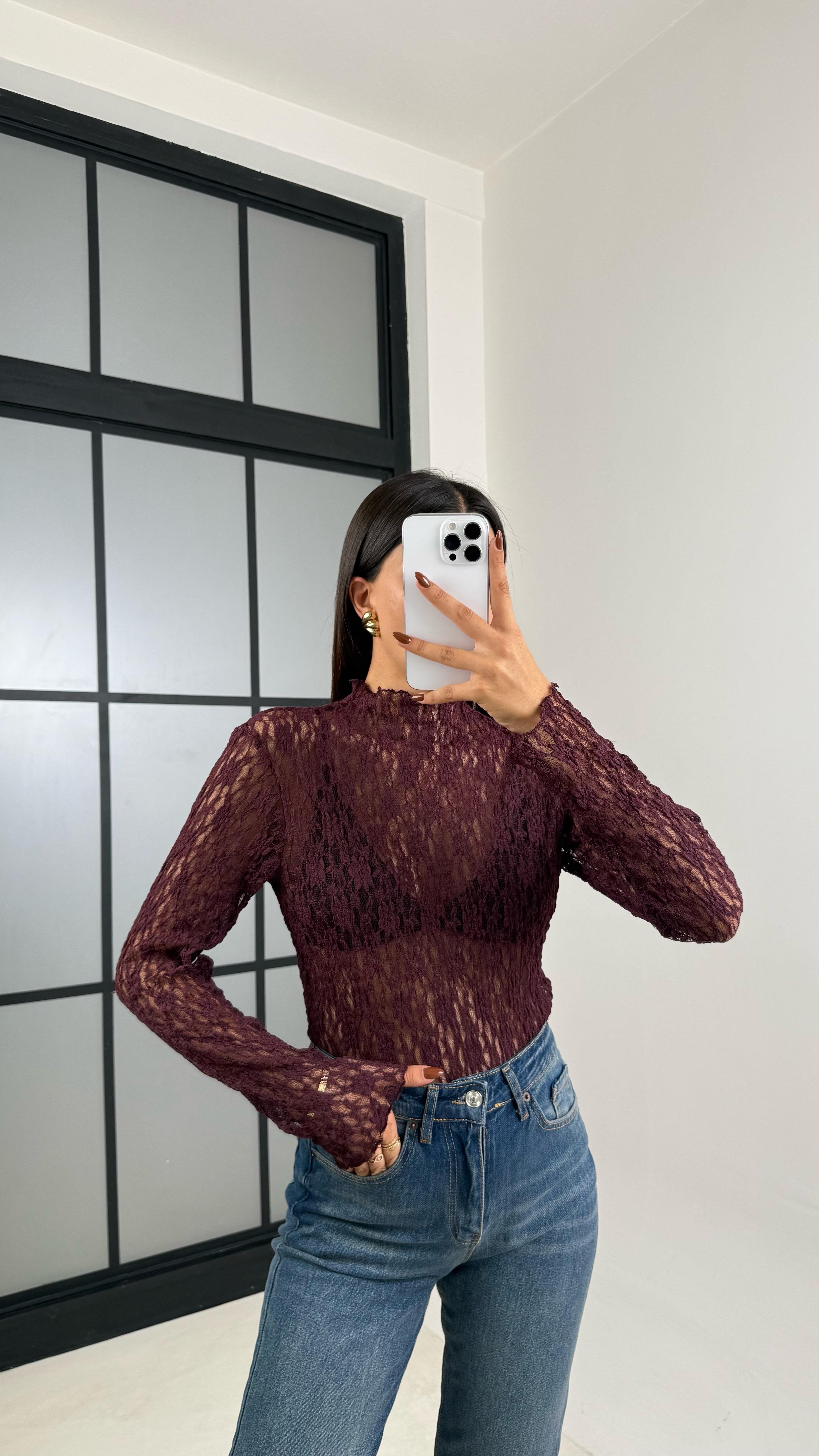 Bordo Dantelli Transparan Uzun Kol Bluz GAUS-00172GAUSالبلوزات GAUS-00172