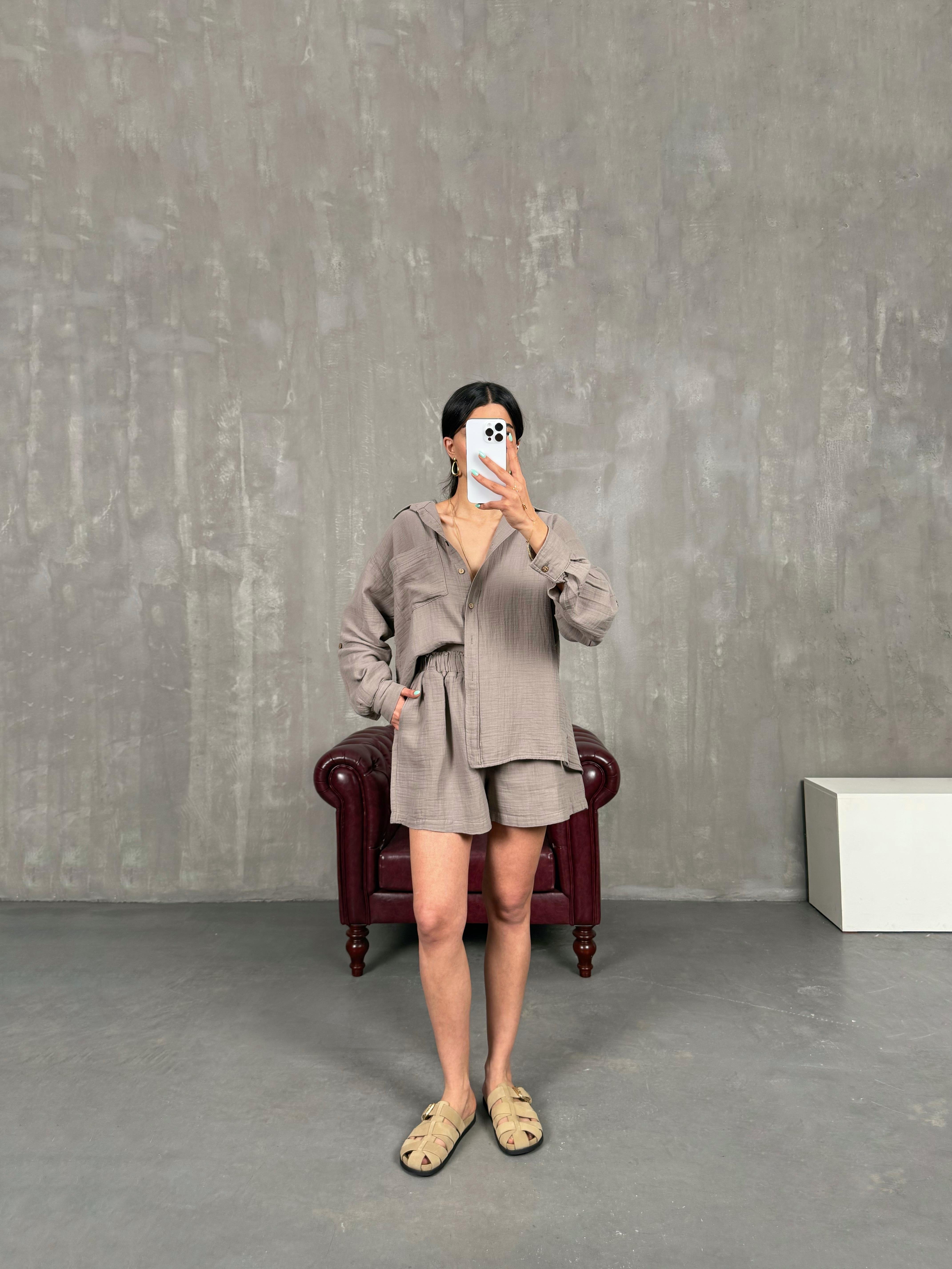 Vizon Cepli Gömlek Beli Lastikli Şort Takım Gaus00226GausTAKIMGU1001525