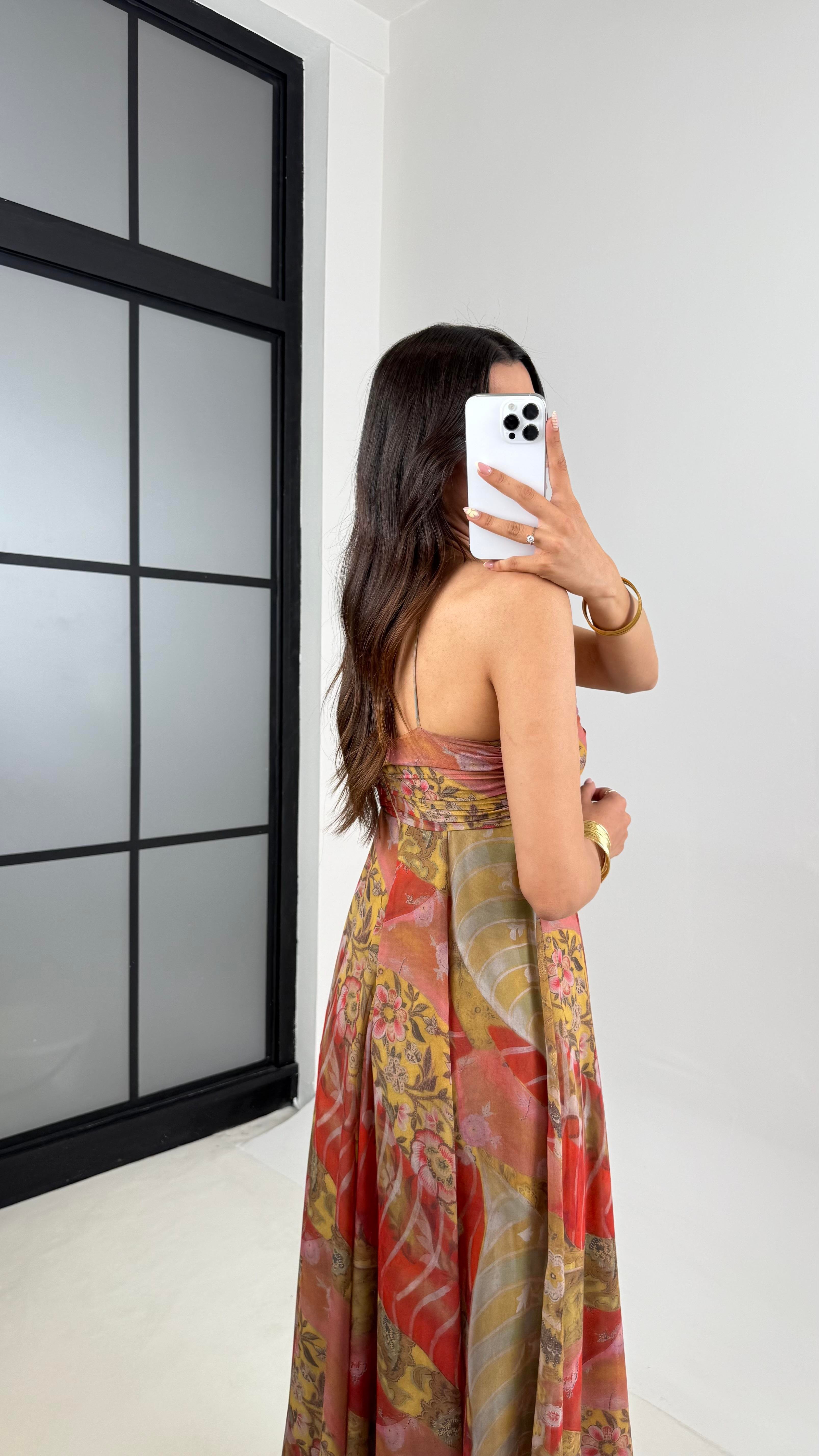 ZR Muadil Desenli Dekolteli Astarlı Şifon Elbise Gaus00651GausELBİSEGU1002513