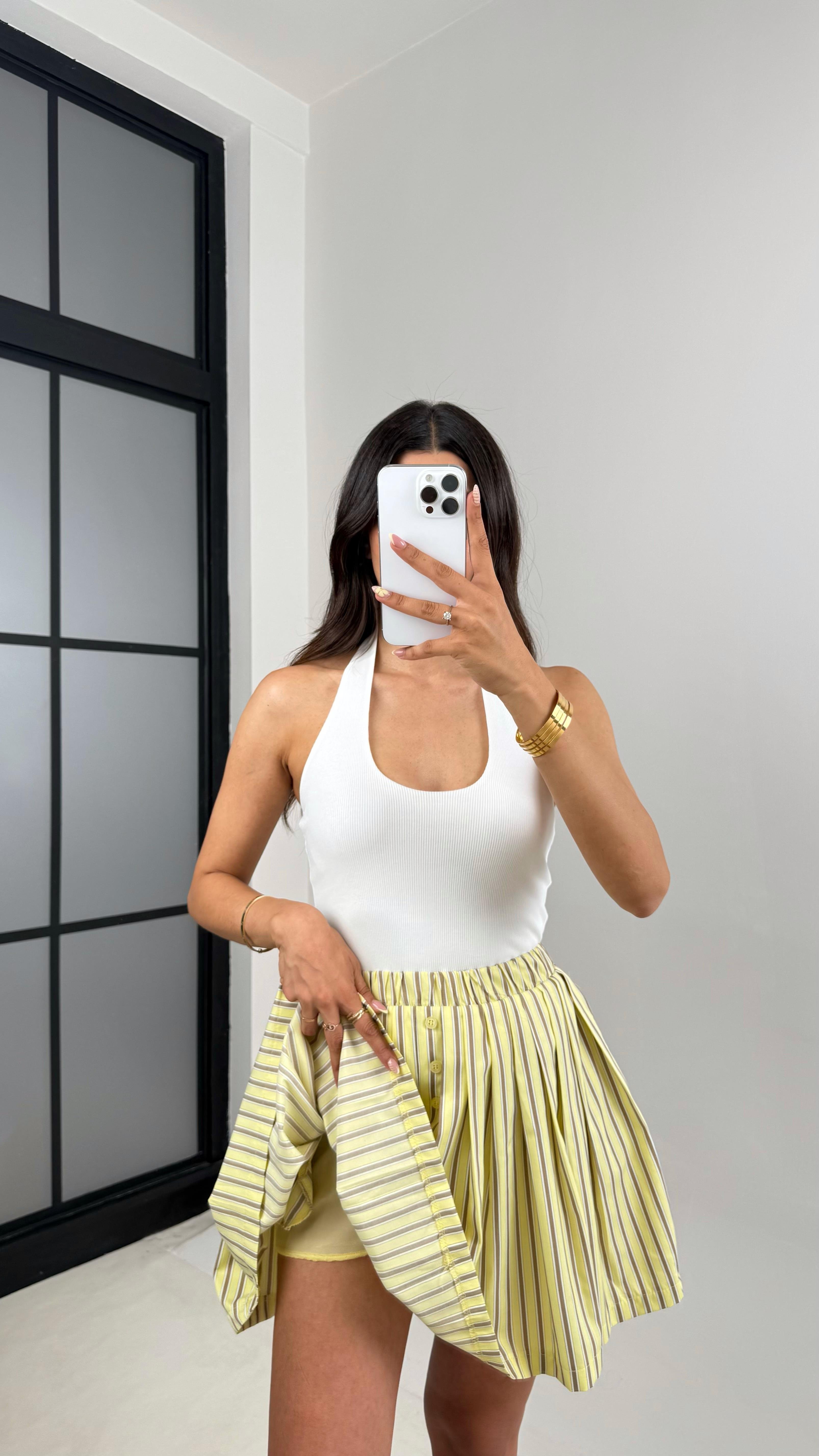 Sarı Vizon Şeritli Pileli Şort Etek Gaus00650GausETEKGU1002510