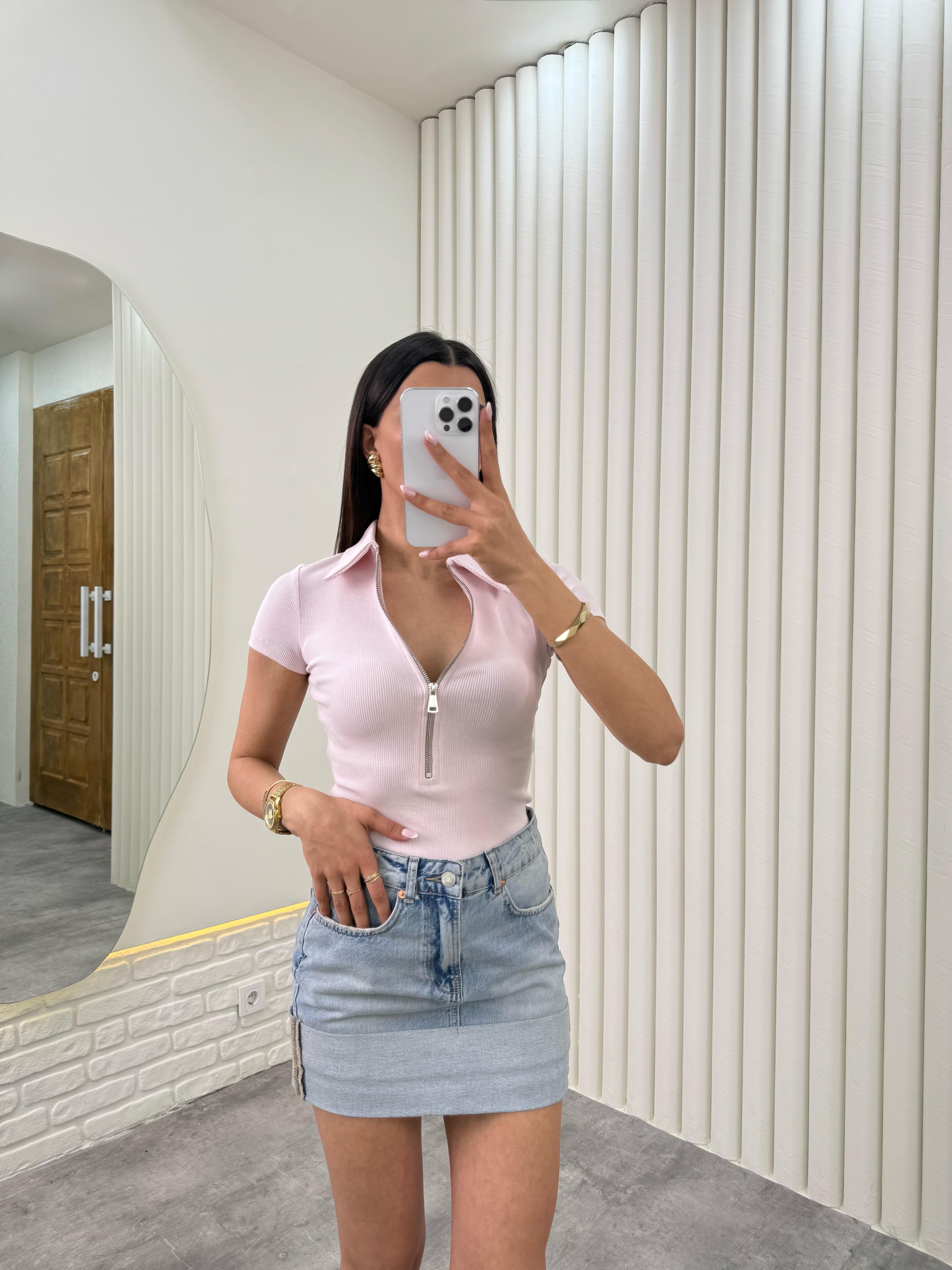 Pembe Lakos Önü Fermuarlı Tshirt Gaus00330GausTSHIRTGU1001764