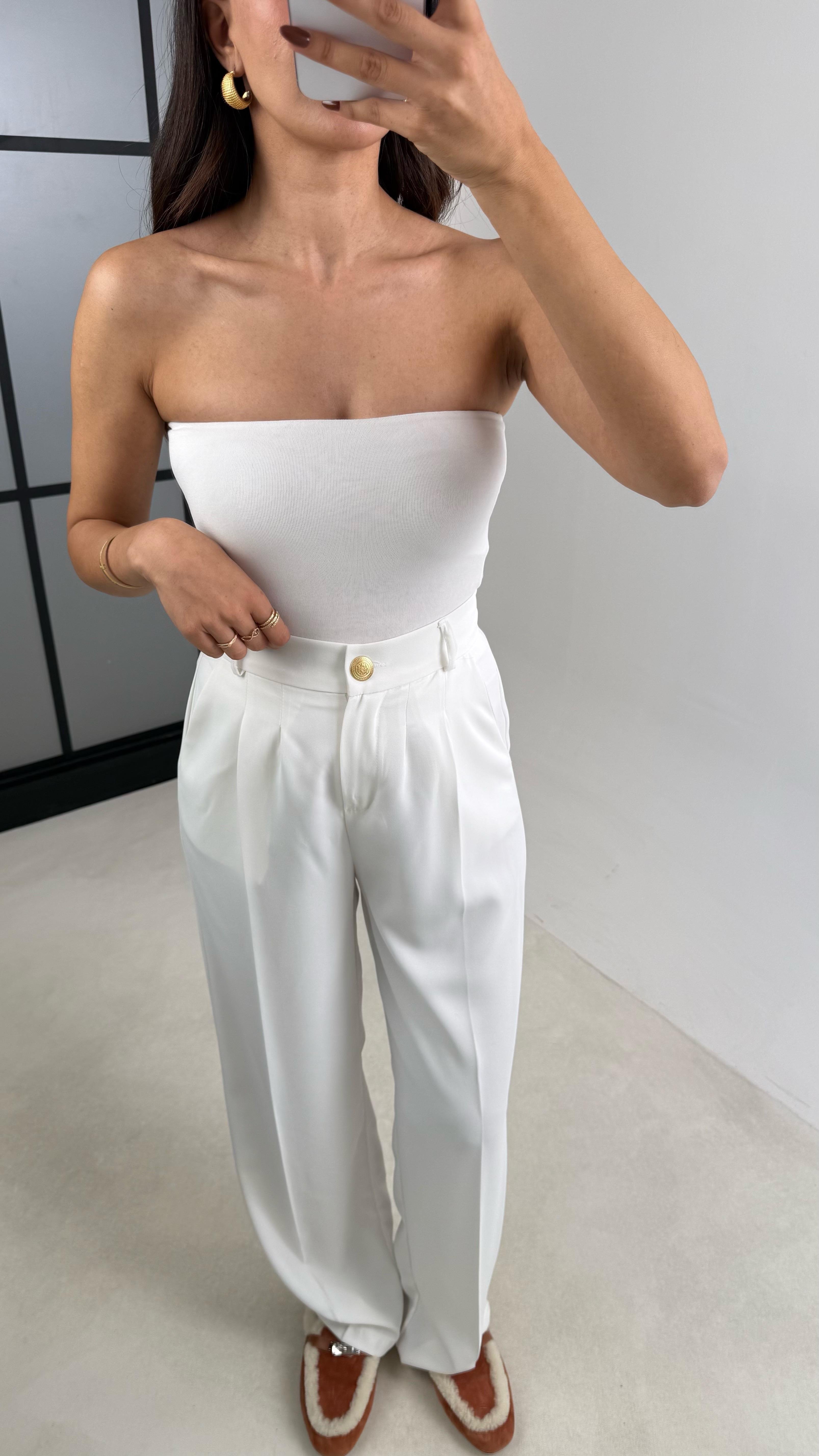 Beyaz Gold Düğmeli Beli Lastikli Premium Pantolon GAUS-00141GAUSPANTOLONGAUS-00141