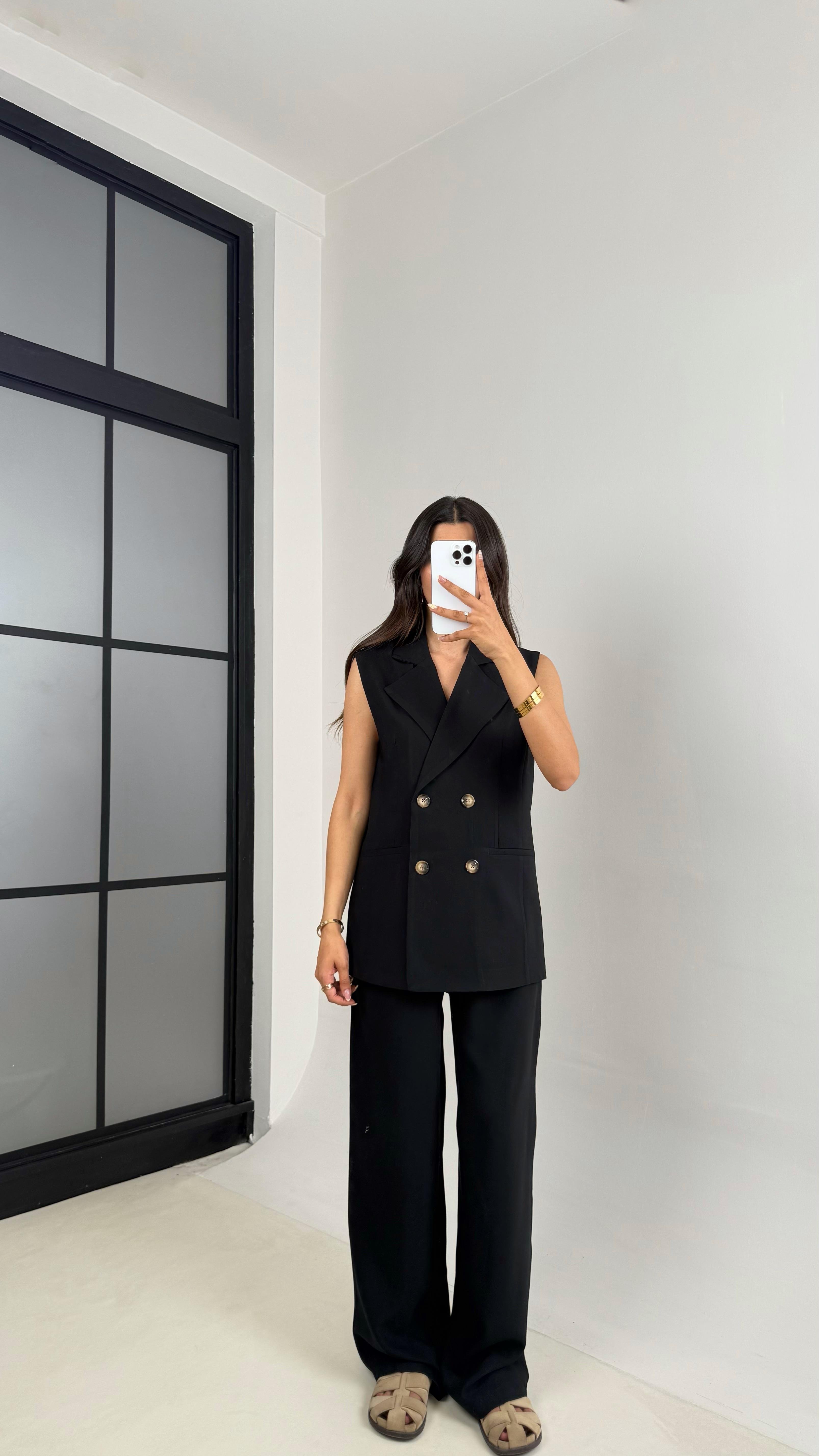 Siyah Önü Düğmeli Astarlı Yelek Beli Lastikli Pantolon Premium Kumaş Takım Gaus00653GausTAKIMGU1002516