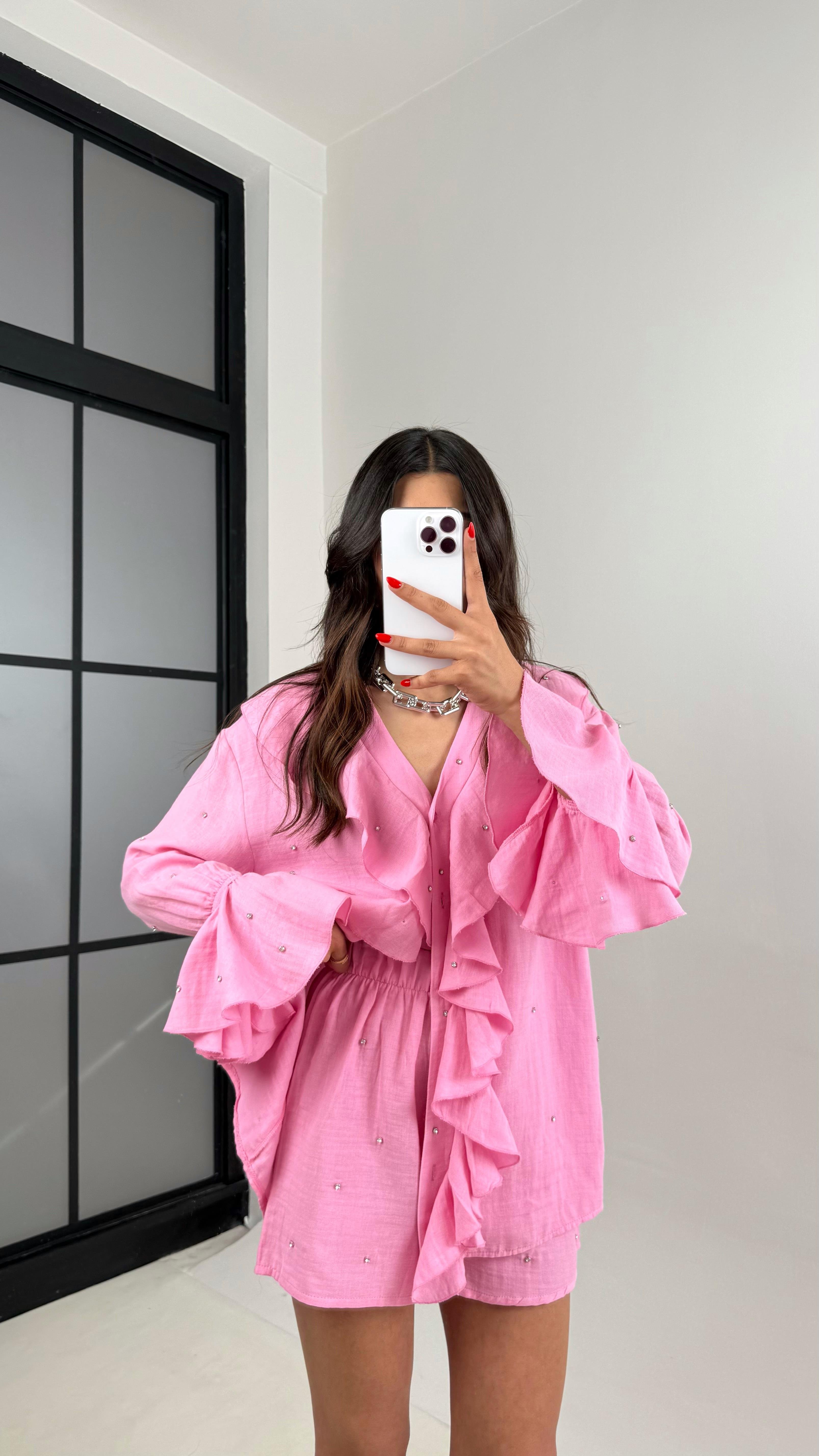 Pembe Yaka Fırfırlı Taş Detaylı Gömlek Şortlu Müslin Takım Gaus00511GausTAKIMGU1002202