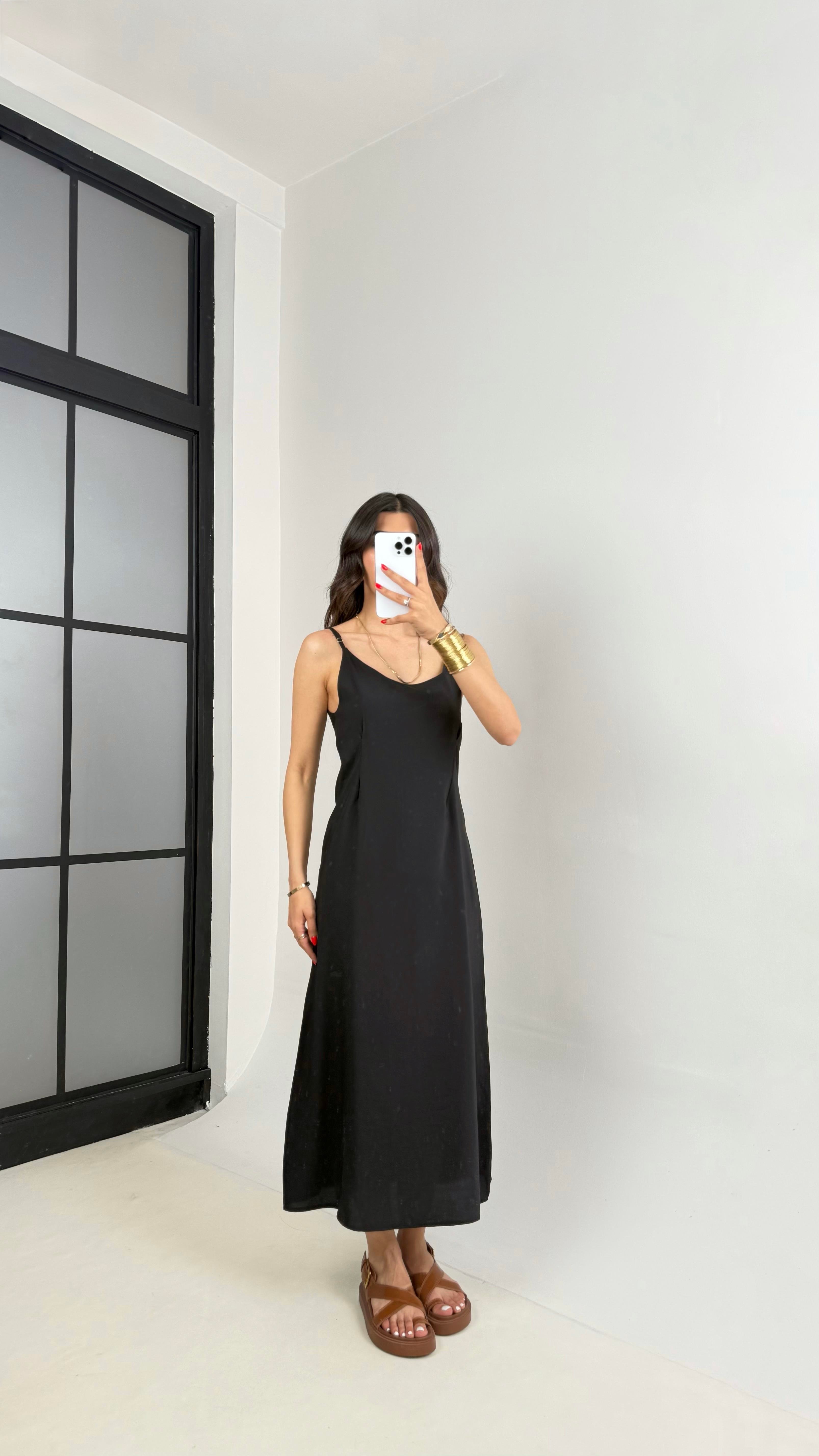 Siyah Ayarlanabilir Askılı Elbise Gömlek İkili Tensel Takım Gaus00467GausTAKIMGU1002092