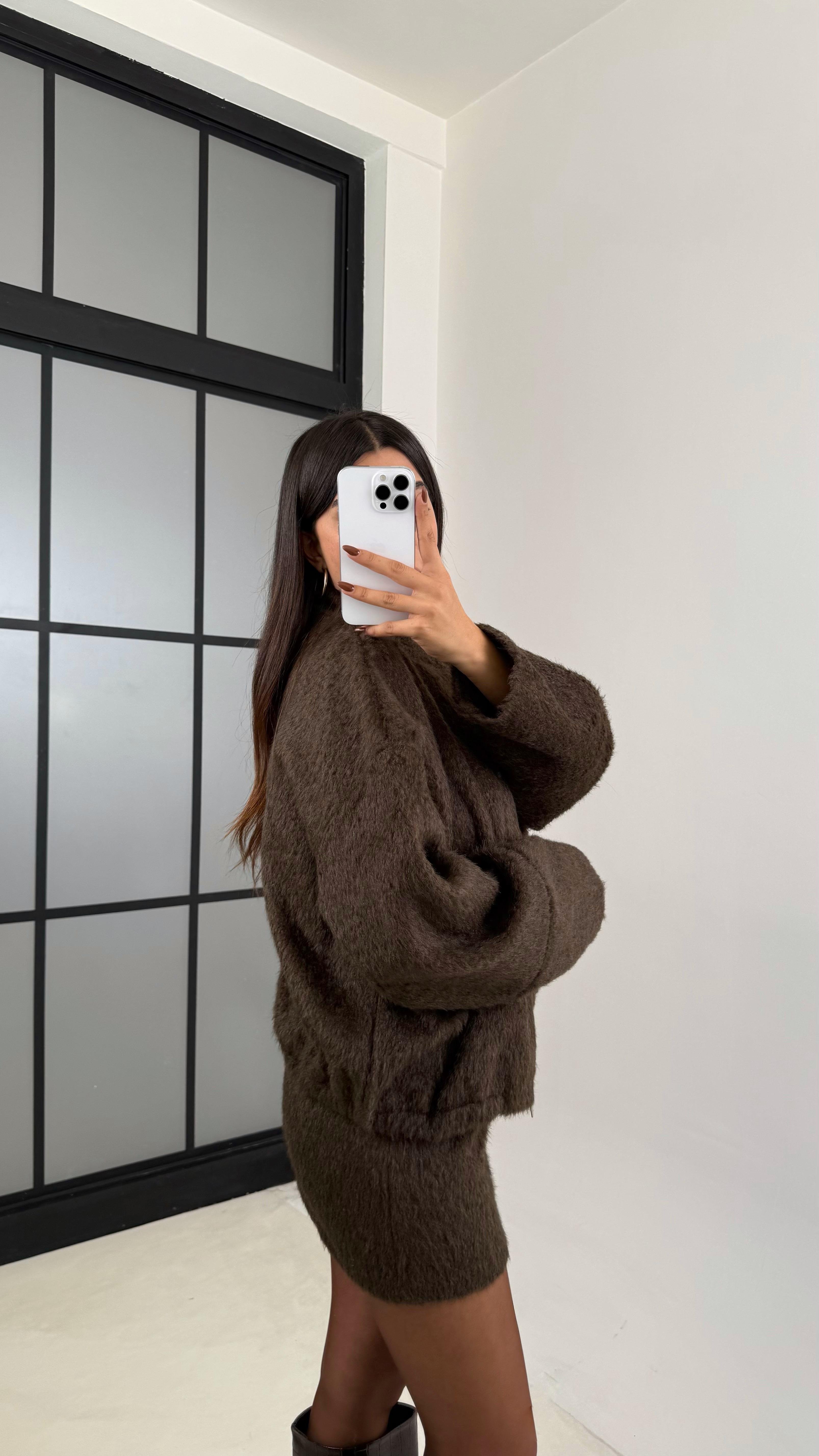 Acı Kahve Ceket Etek Peluş Tüylü İkili Takım GAUS-00218GAUSTAKIMGAUS-00218