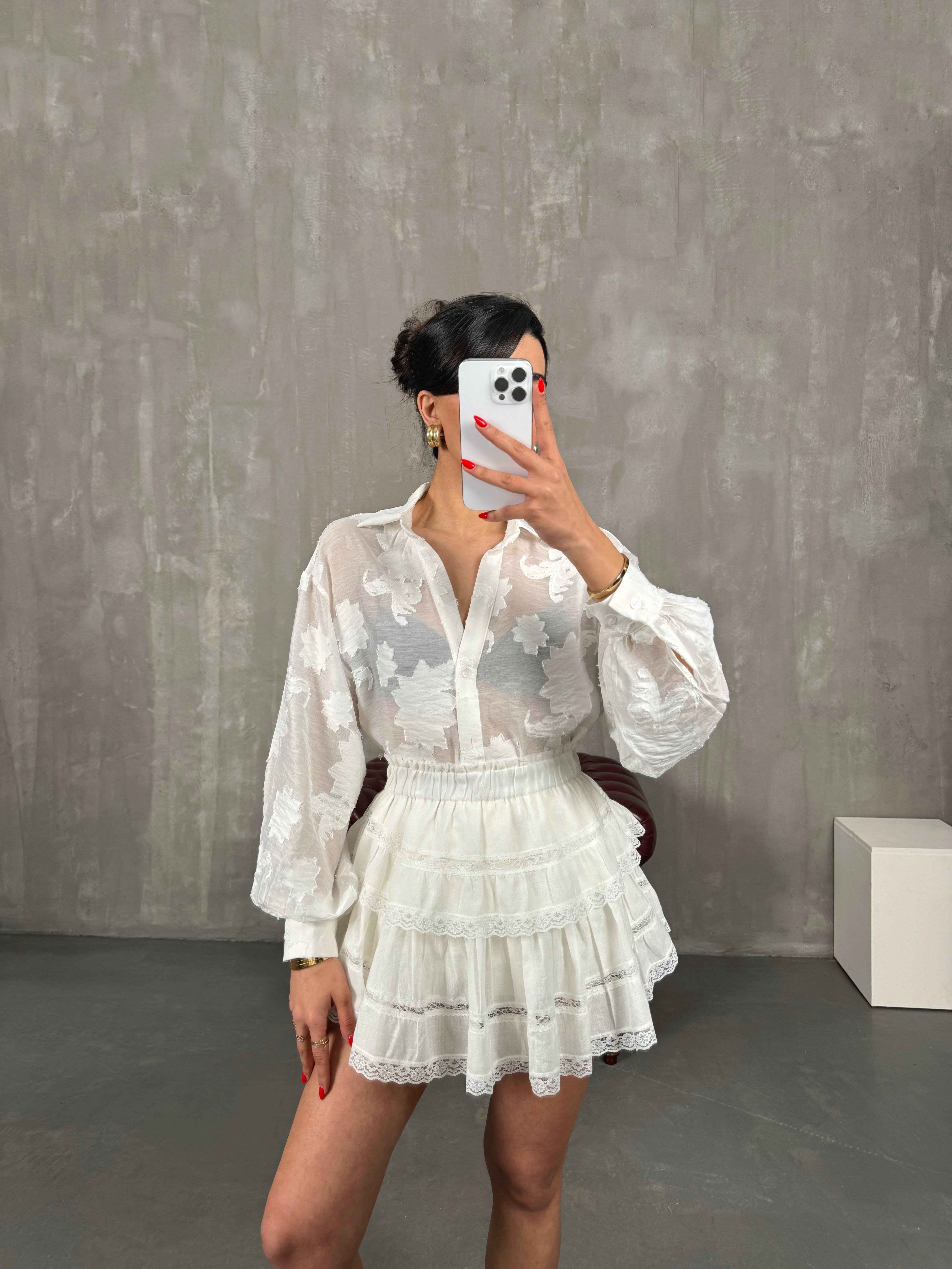 Beyaz Dantel Detaylı Astarlı Keten Etek Gaus00219GausETEKGU1001503