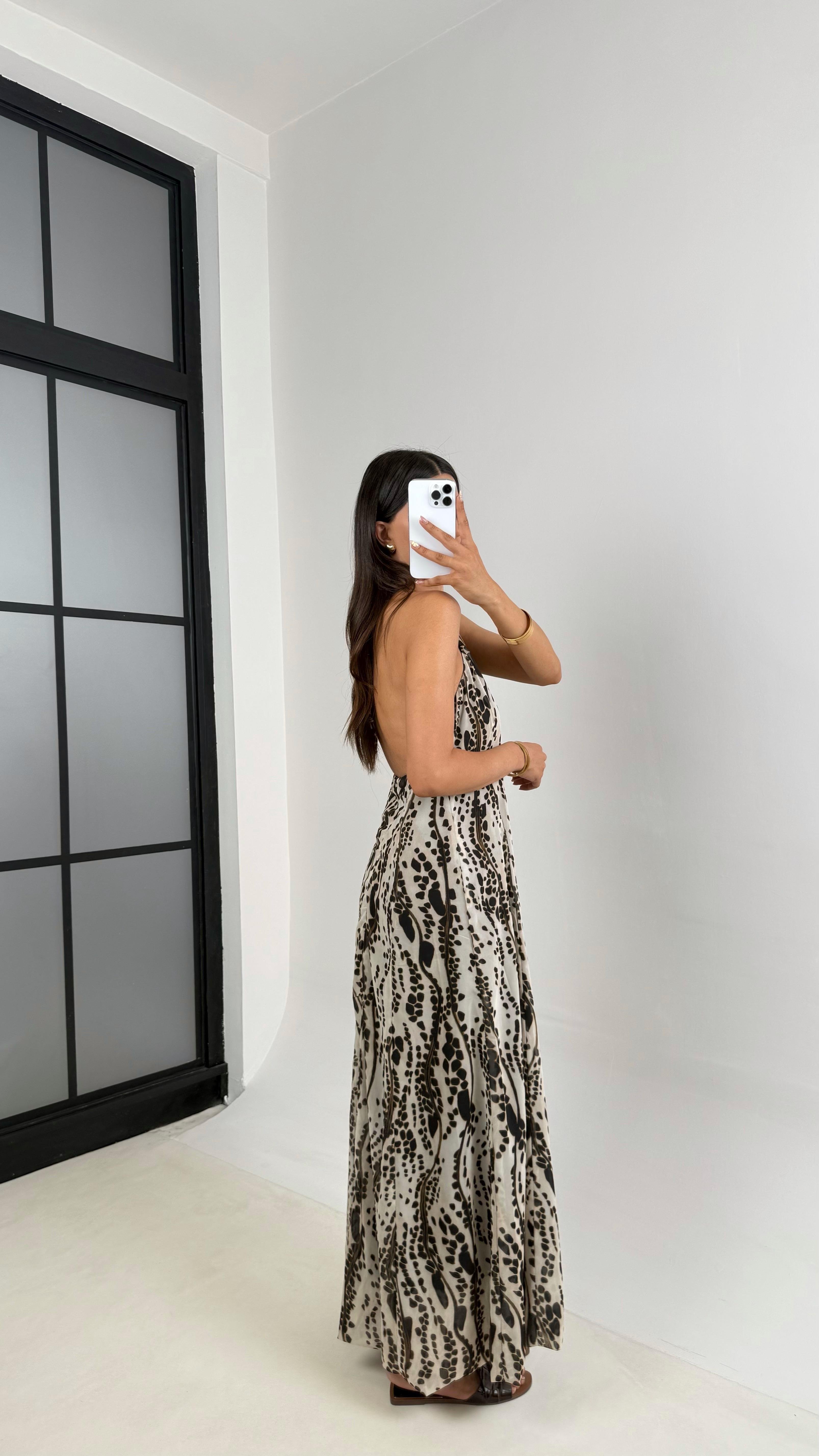 Ekru Desenli Boyundan Bağlamalı Astarlı Şifon Elbise Gaus00687GausELBİSEGU1002583