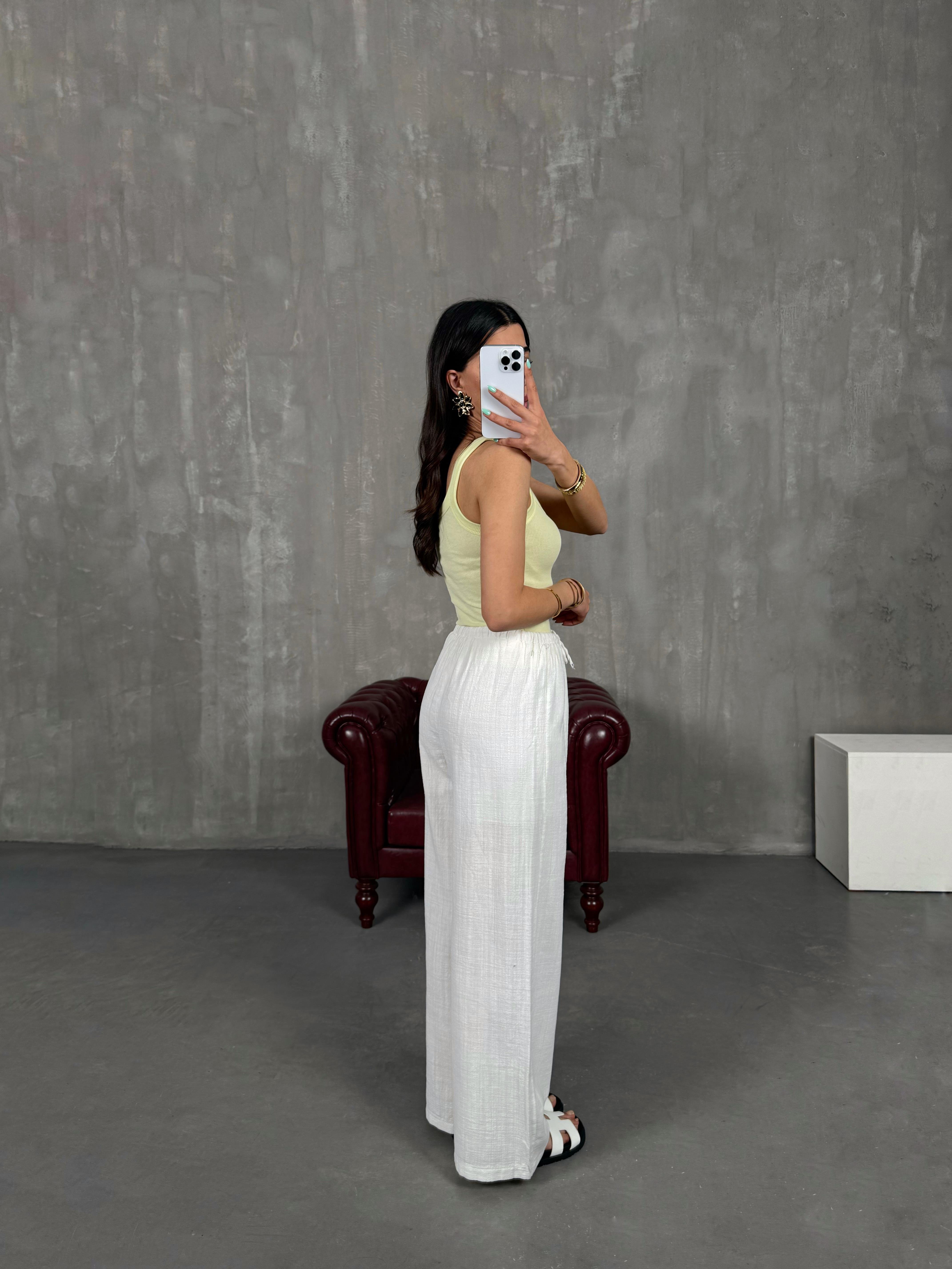 Beyaz Beli Lastikli Keten Pantolon Gaus00237GausPANTOLONGU1001548