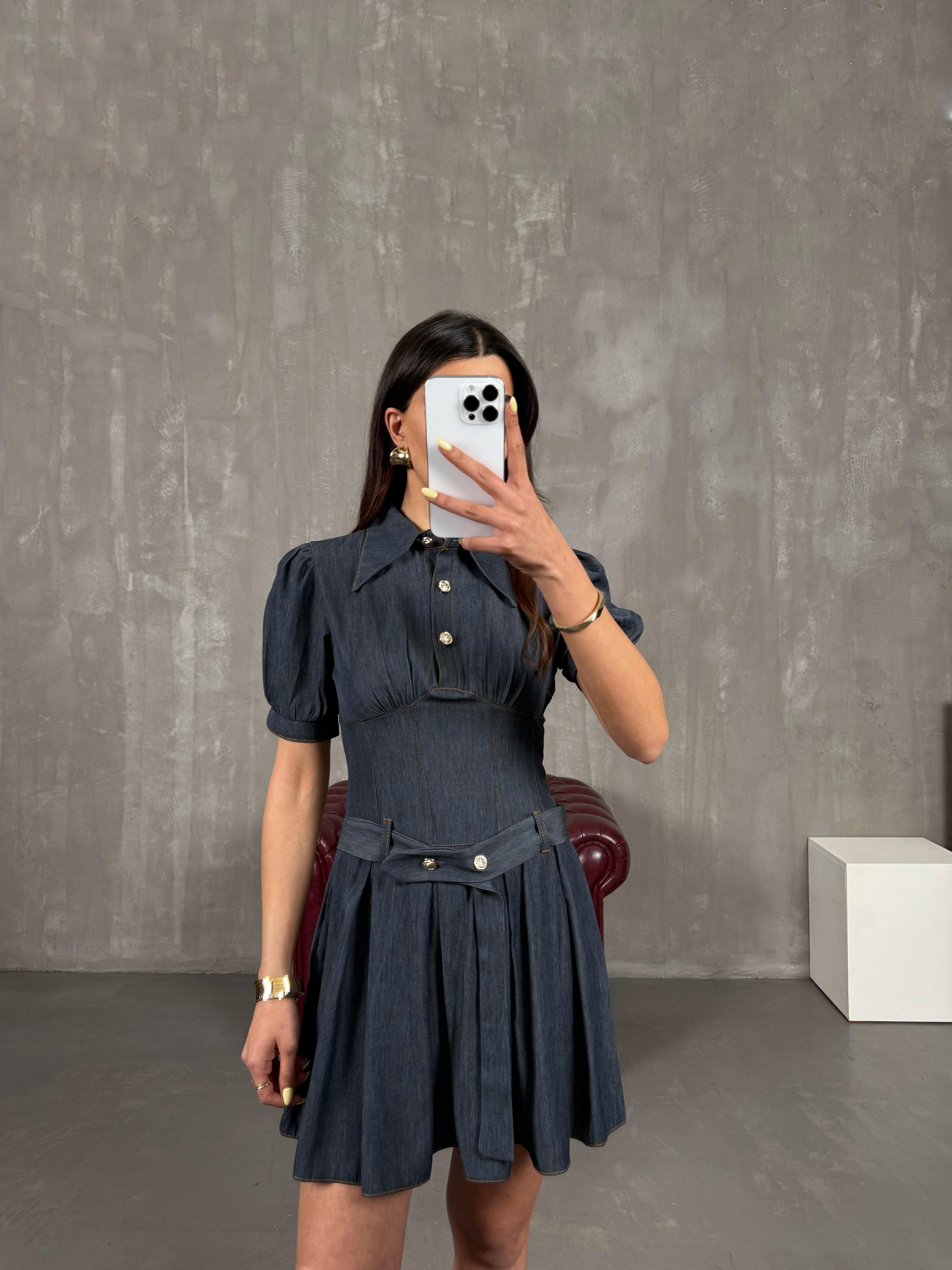 Antrasit Kısa Balon Kollu Kuşaklı İnce Denim Elbise Gaus00149GausELBİSEGU1001347