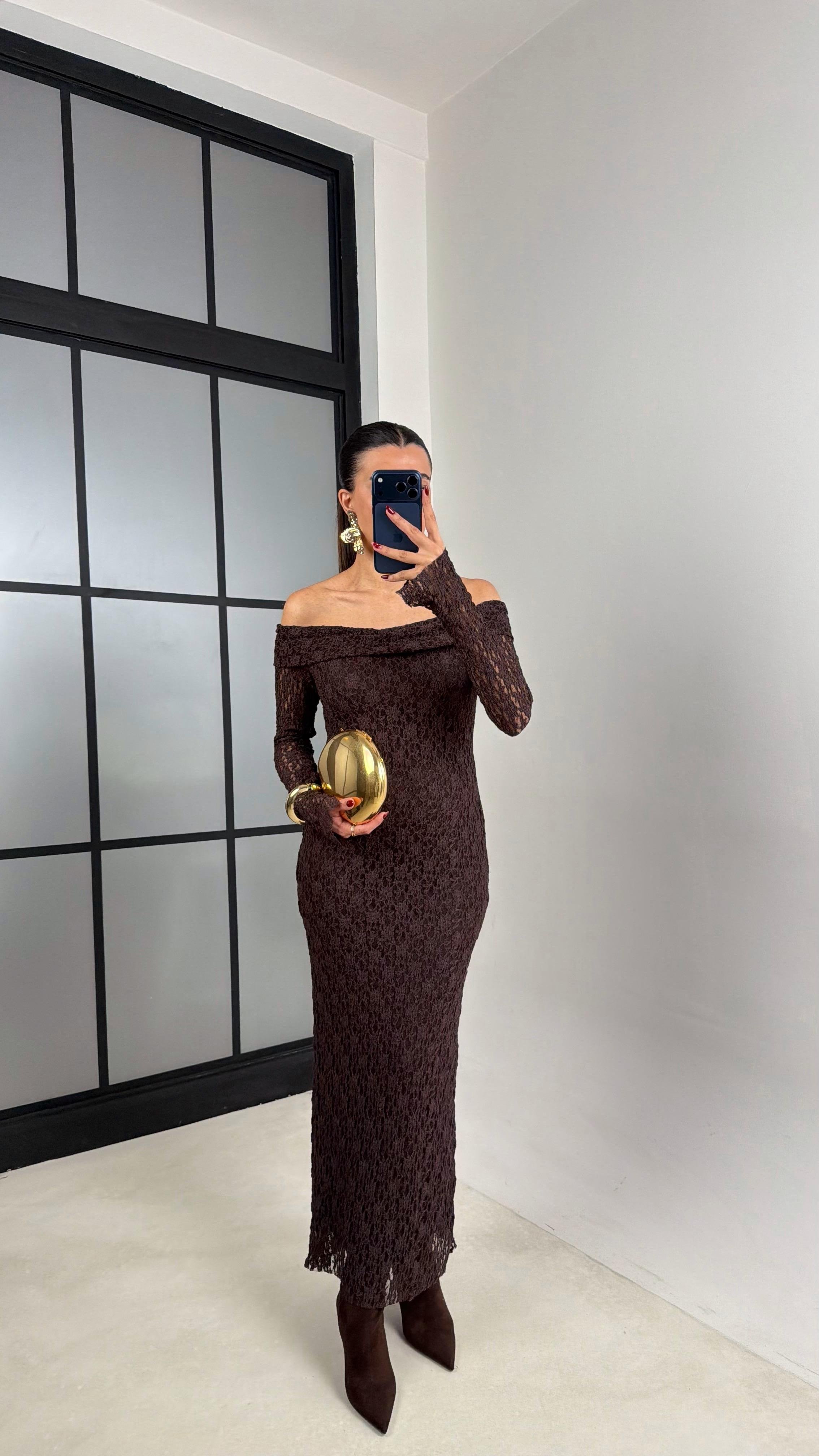 Acı Kahve Madonna Yaka Dantelli Astarlı Elbise GAUS-00664GAUSELBİSEGAUS-00664