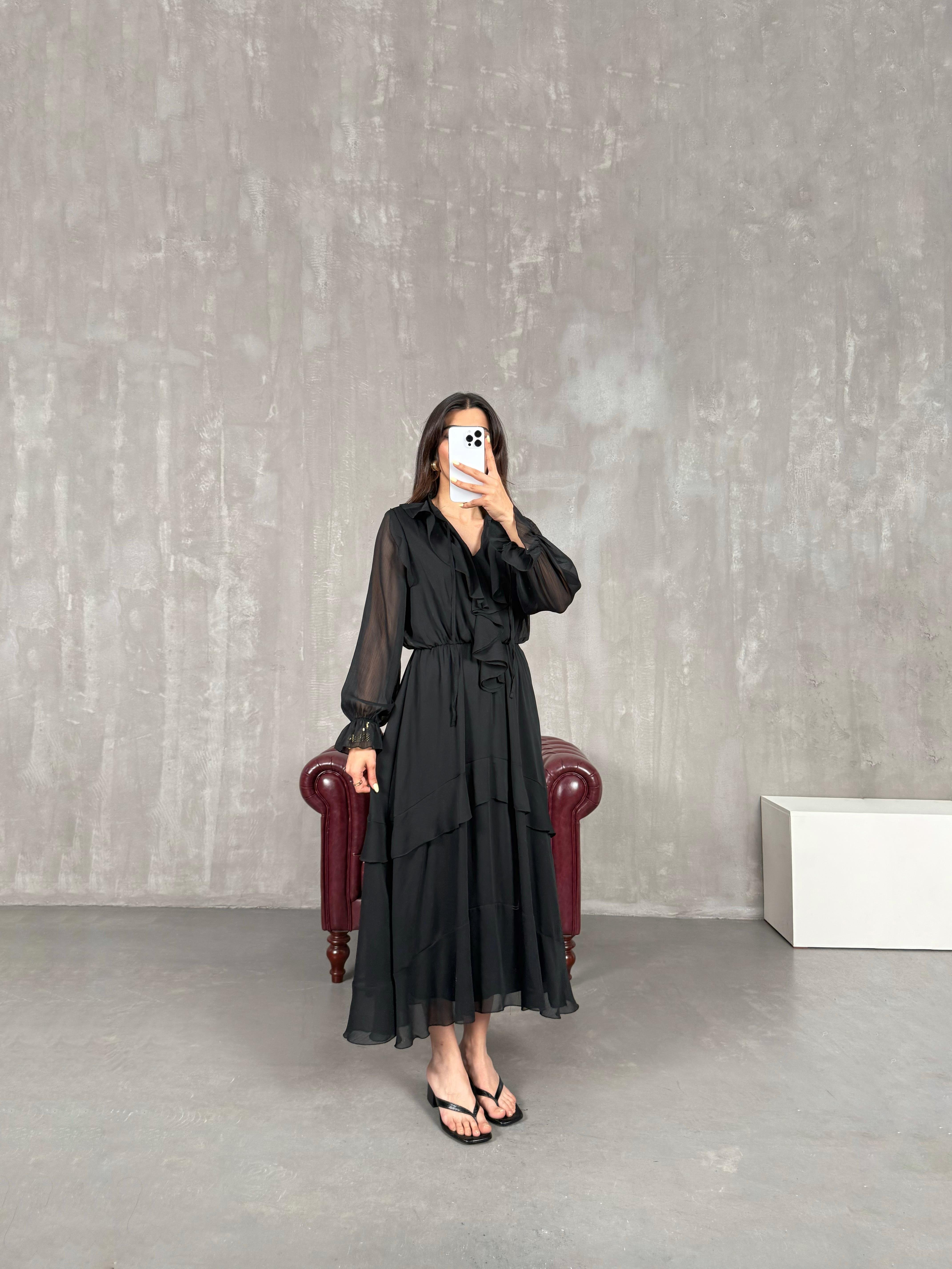 Siyah Astarlı Volanlı Şifon Elbise Gaus00138GausELBİSEGU1001315