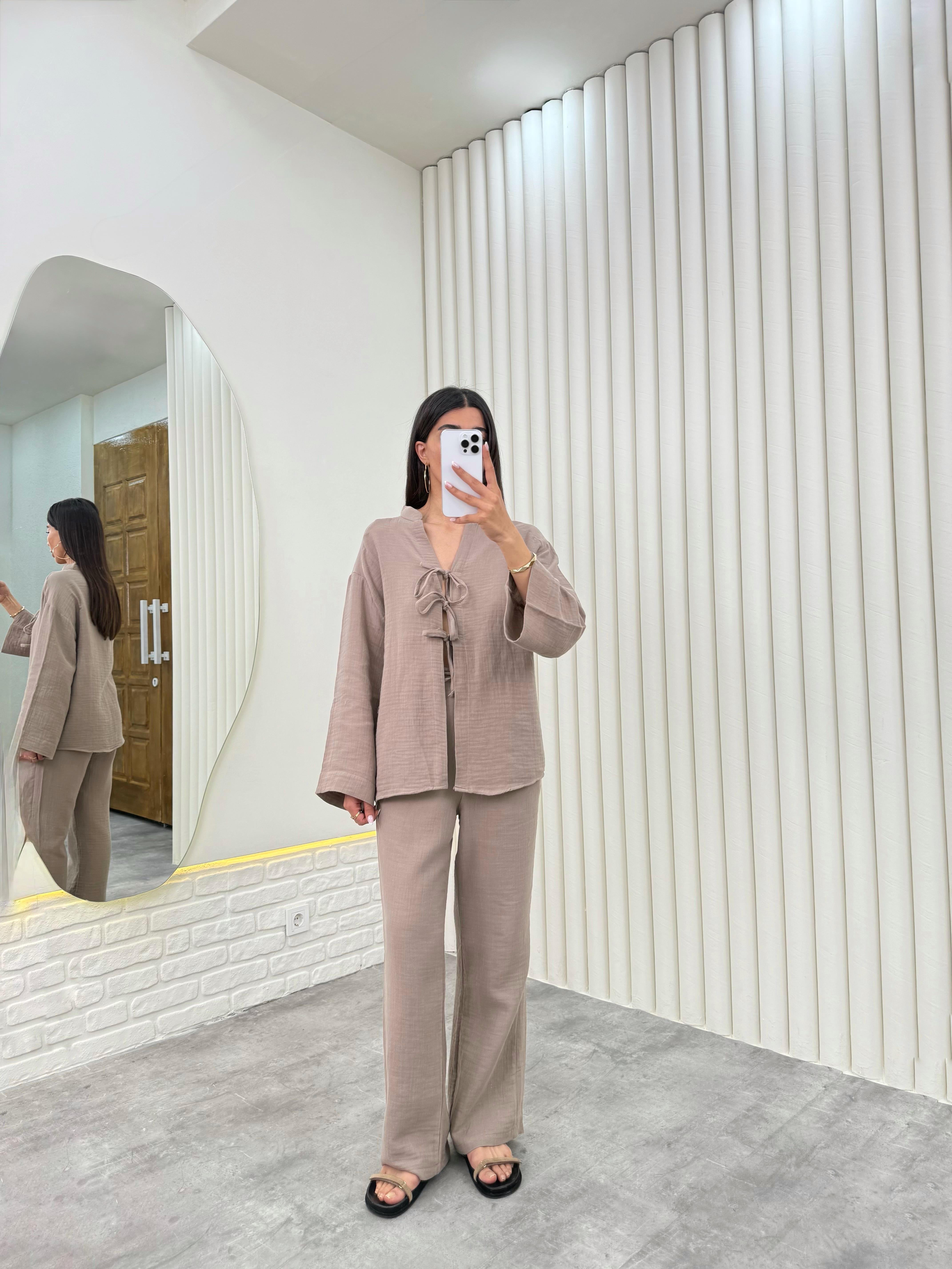 Vizon Önü Bağlamalı Beli Lastikli Müslin Kumaş Takım Gaus00282GausTAKIMGU1001658