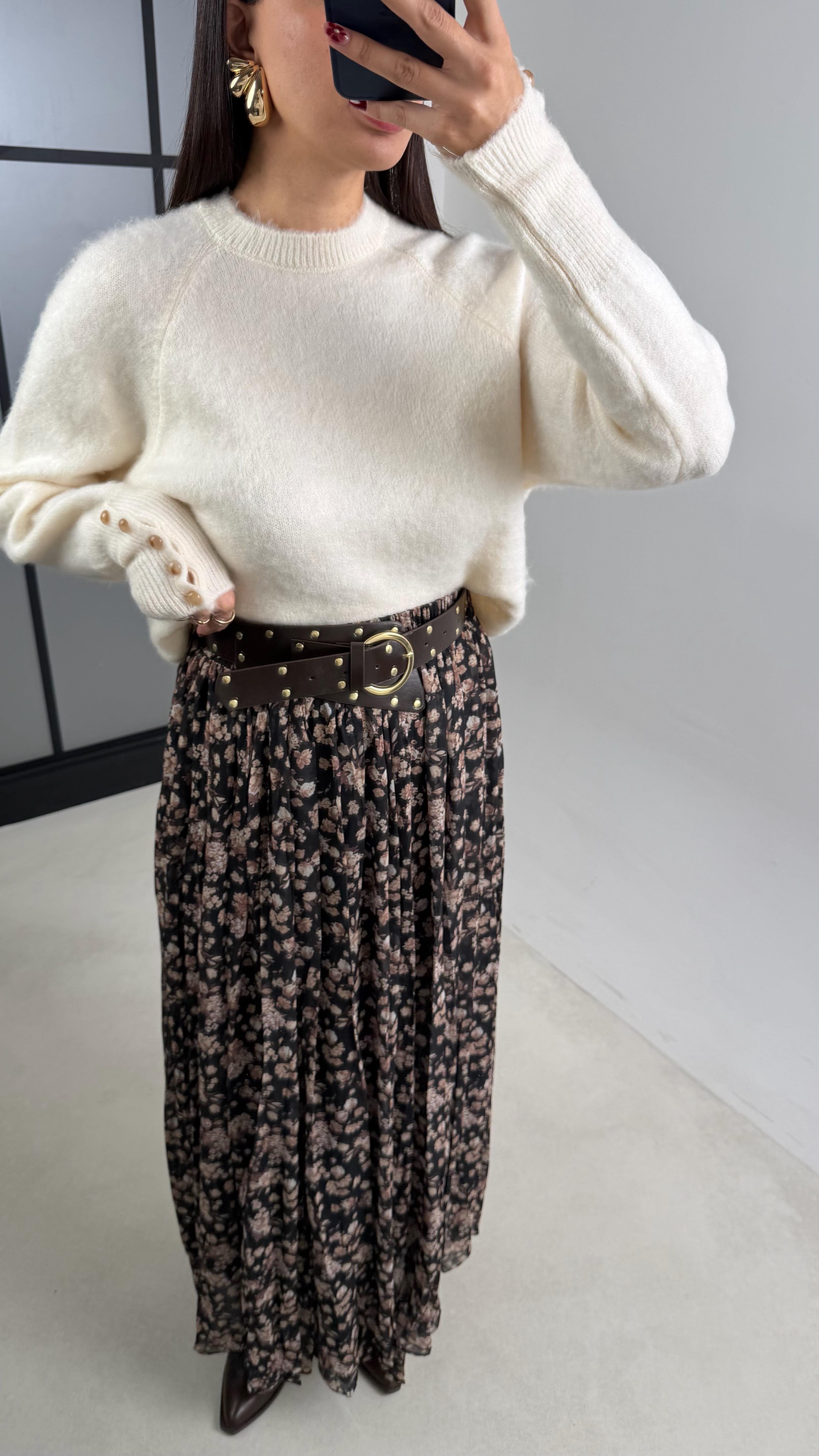 Siyah Çiçek Desenli Kemerli Astarlı Etek GAUS-00643GAUSETEKGAUS-00643