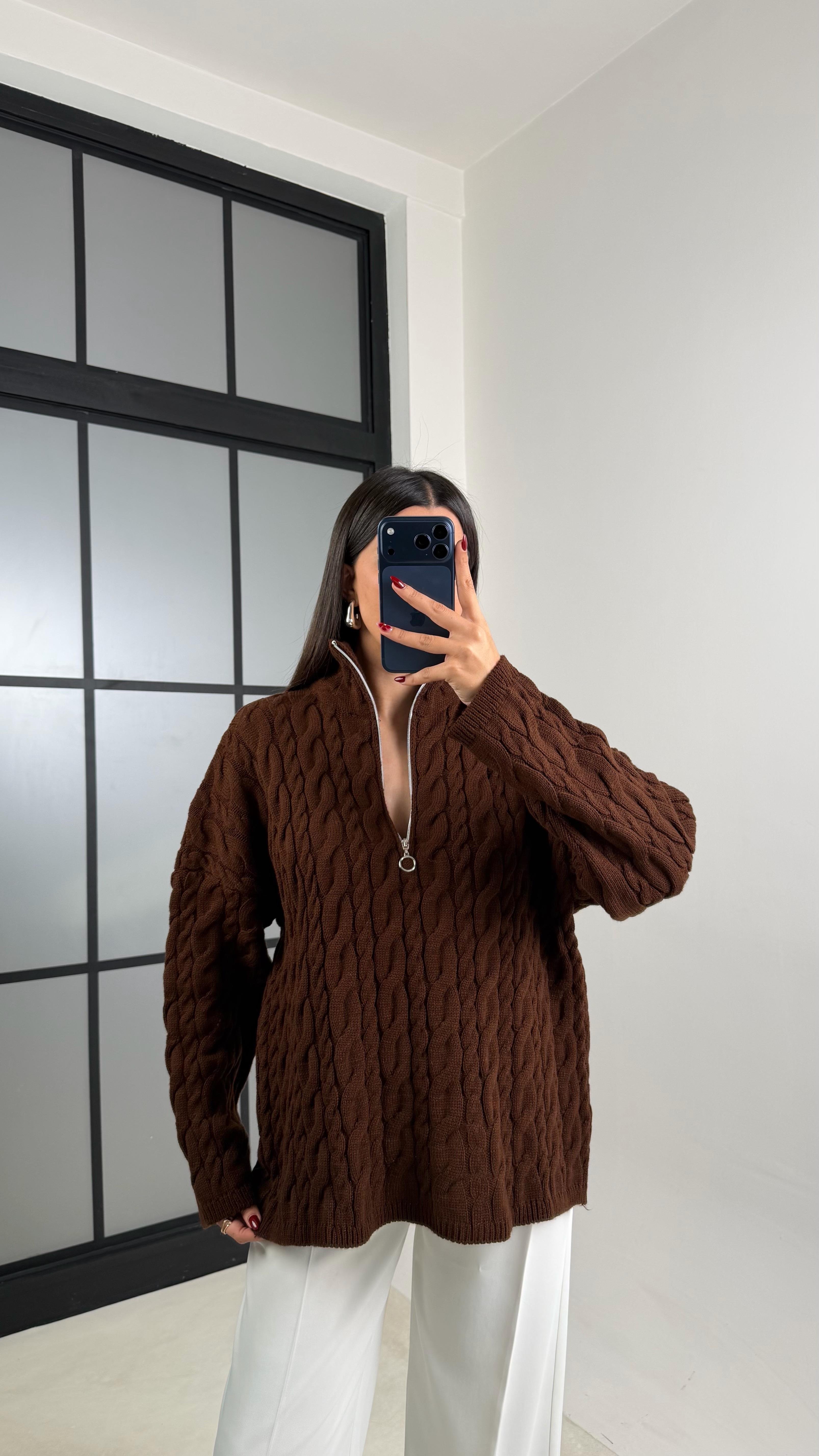 Kahve Fermuarlı Örgü Kazak GAUS-00213GAUS الكنزات GAUS-00213