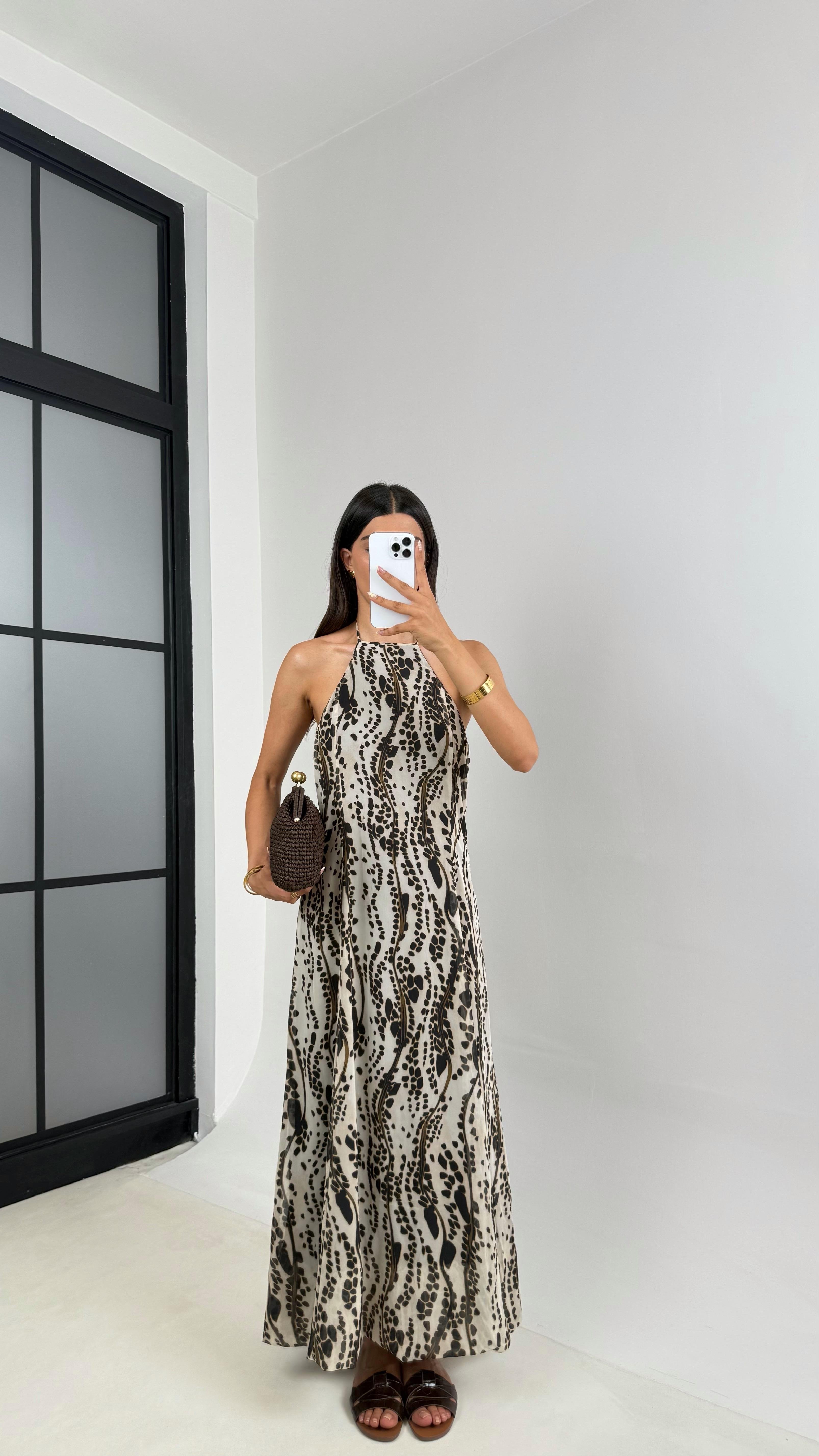 Ekru Desenli Boyundan Bağlamalı Astarlı Şifon Elbise Gaus00687GausELBİSEGU1002583