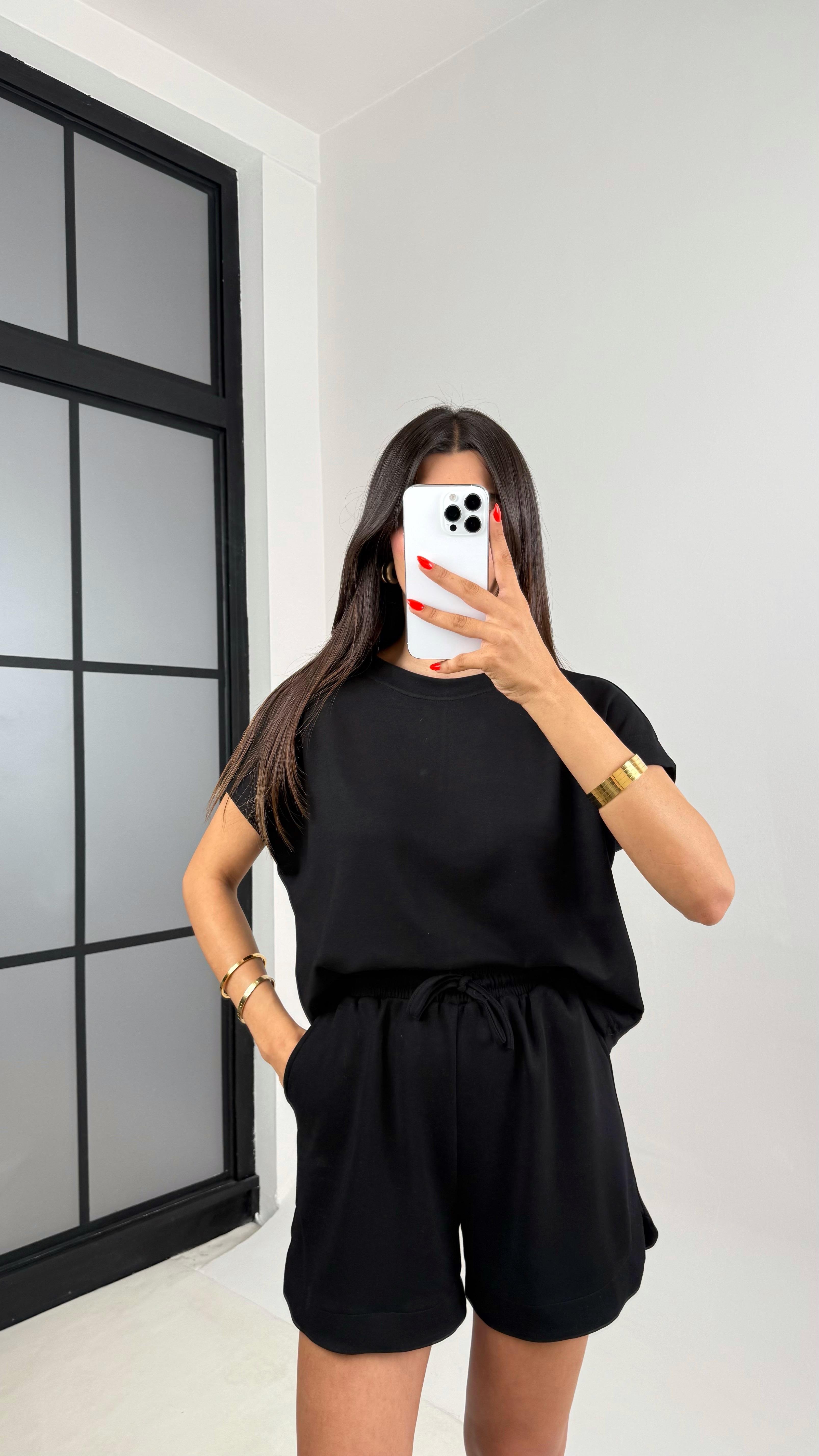 Siyah Tshirt Şort İkili Modal Kumaş Takım Gaus00691GausTAKIMGU1002600