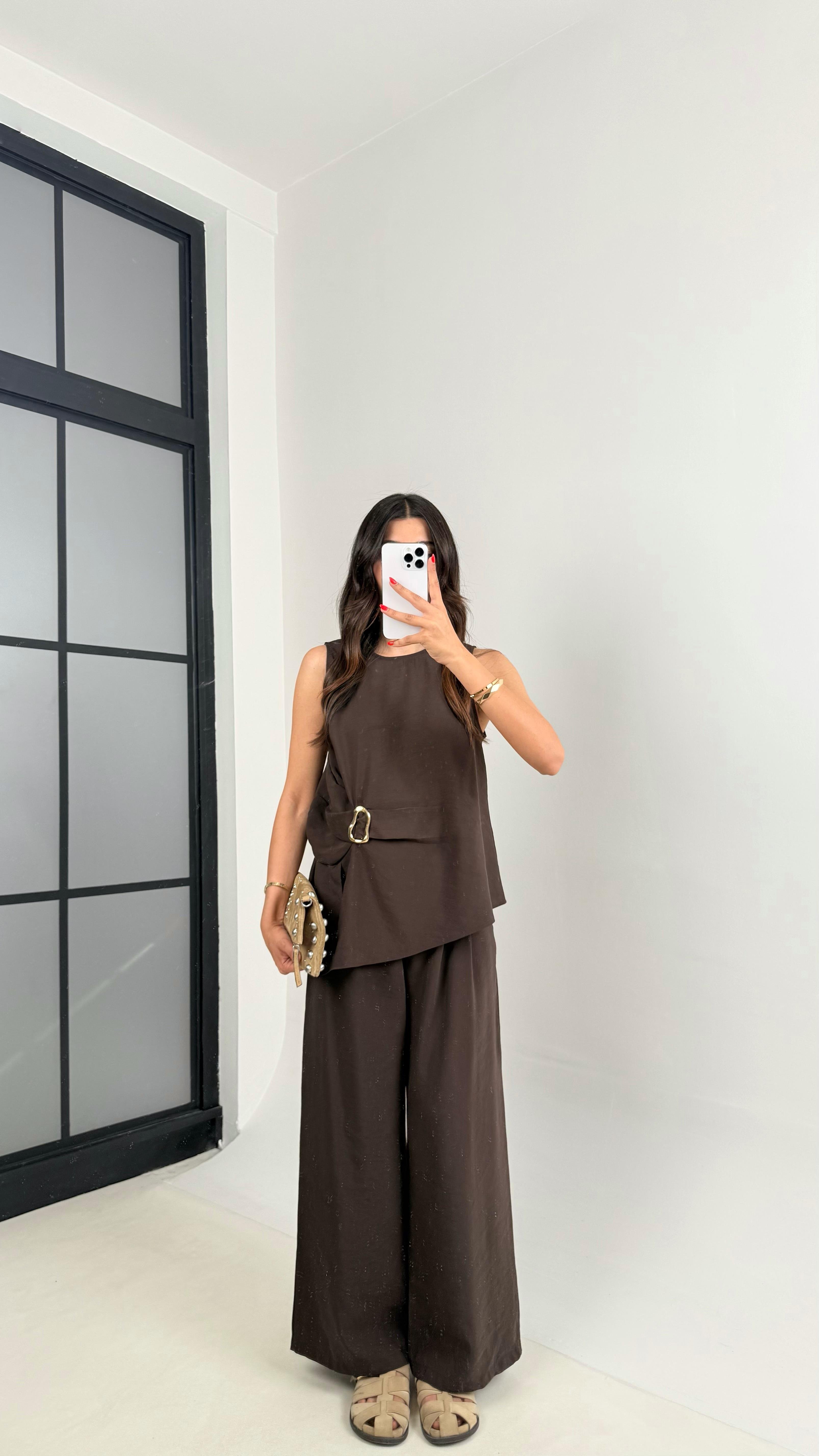 Acı Kahve Gold Detaylı Bluz Balon Pantolon İkili Tencel Takım Gaus00510GausTAKIMGU1002196