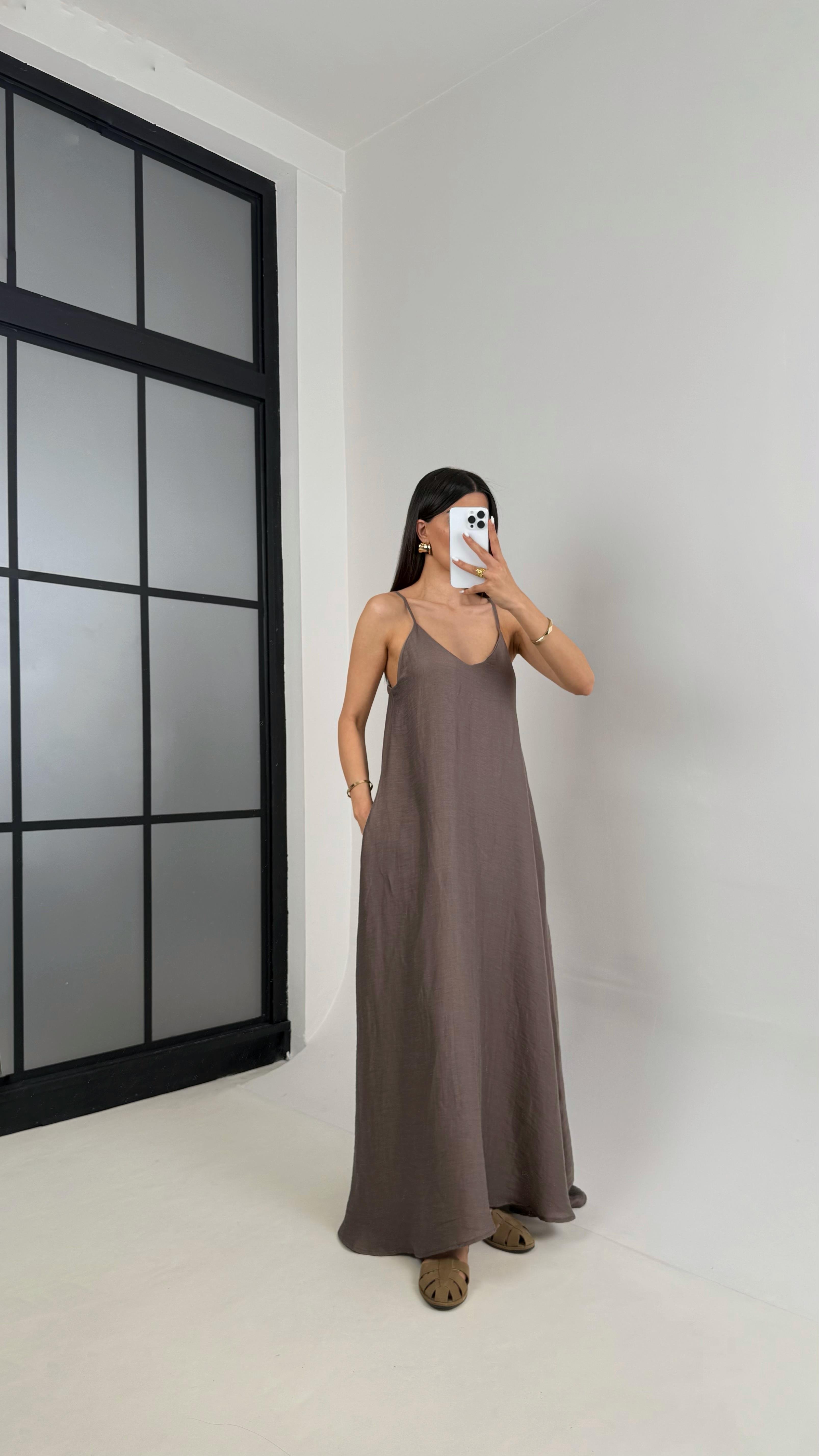 Kahve Askılı Astarlı Cepli Tencel Elbise Gaus00449GausELBİSEGU1002046