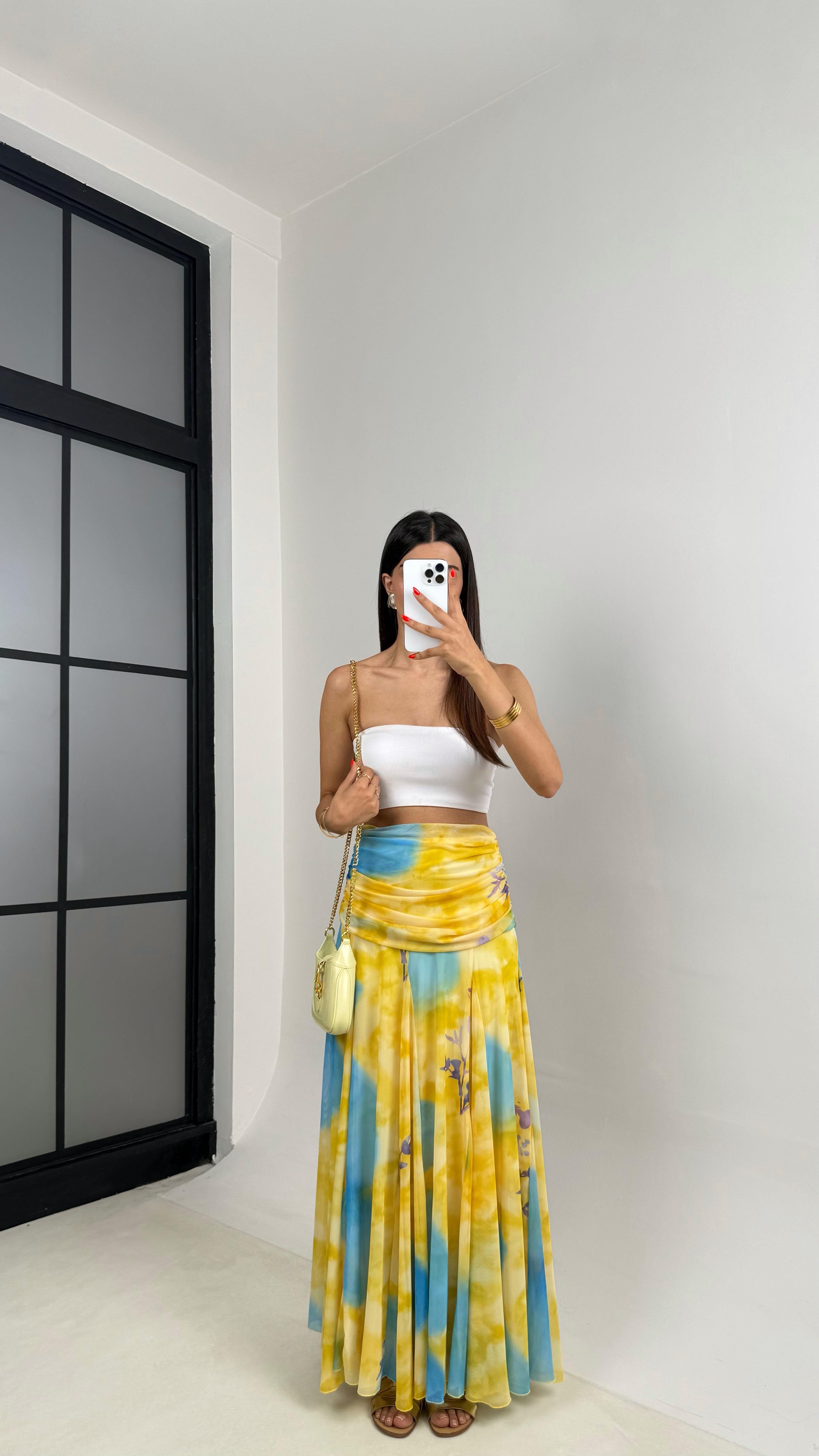 Sarı Çok Renkli Desenli Drape Detaylı Astarlı Şifon Etek GAUS-0023GAUSETEKGAUS-0023