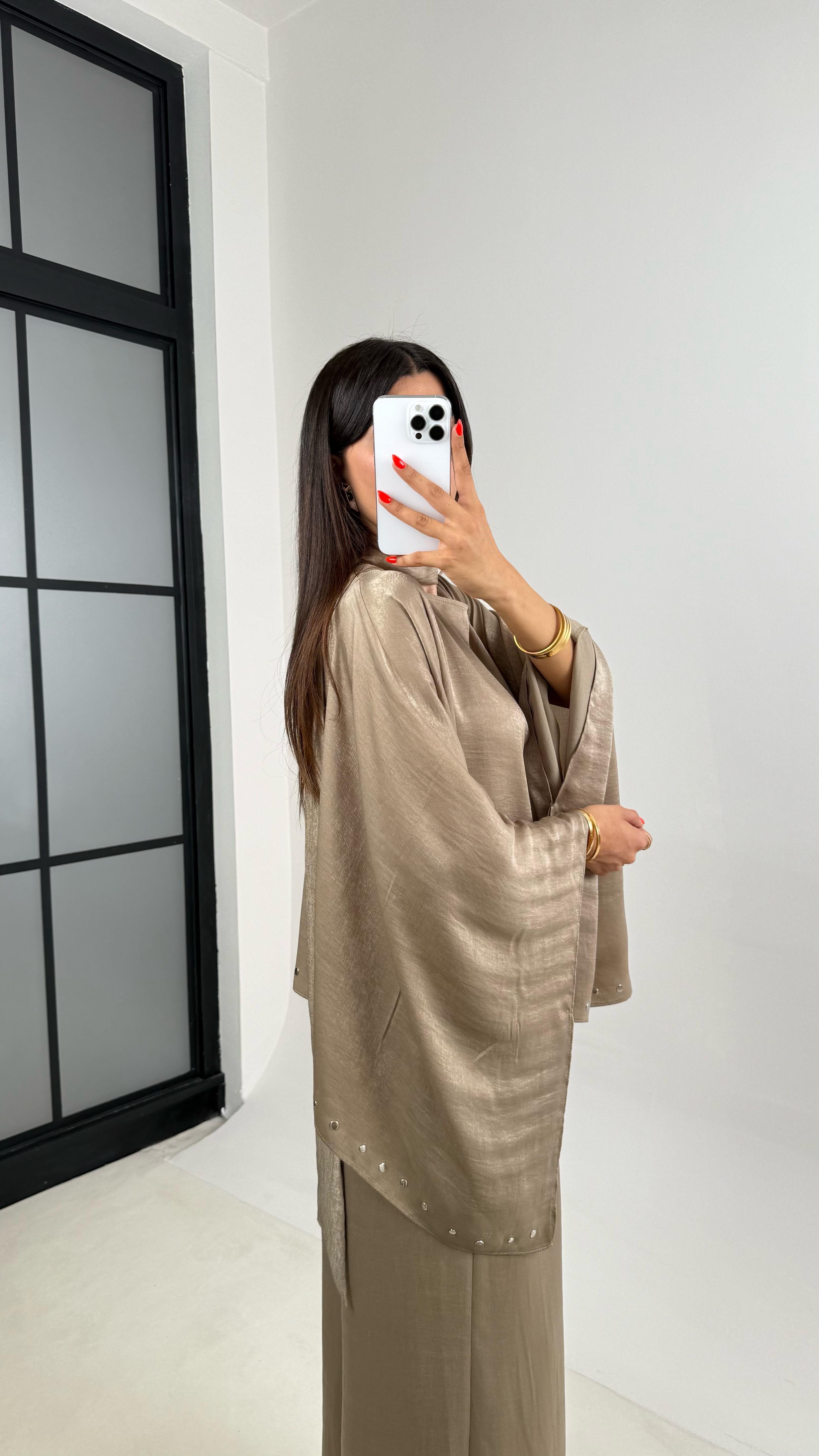 Yeşil Zımba Detaylı Yarasa Kol Bluz Beli Lastikli Pantolon ZR Muadil Parlak Tencel Takım Gaus00695GausTAKIMGU1002609