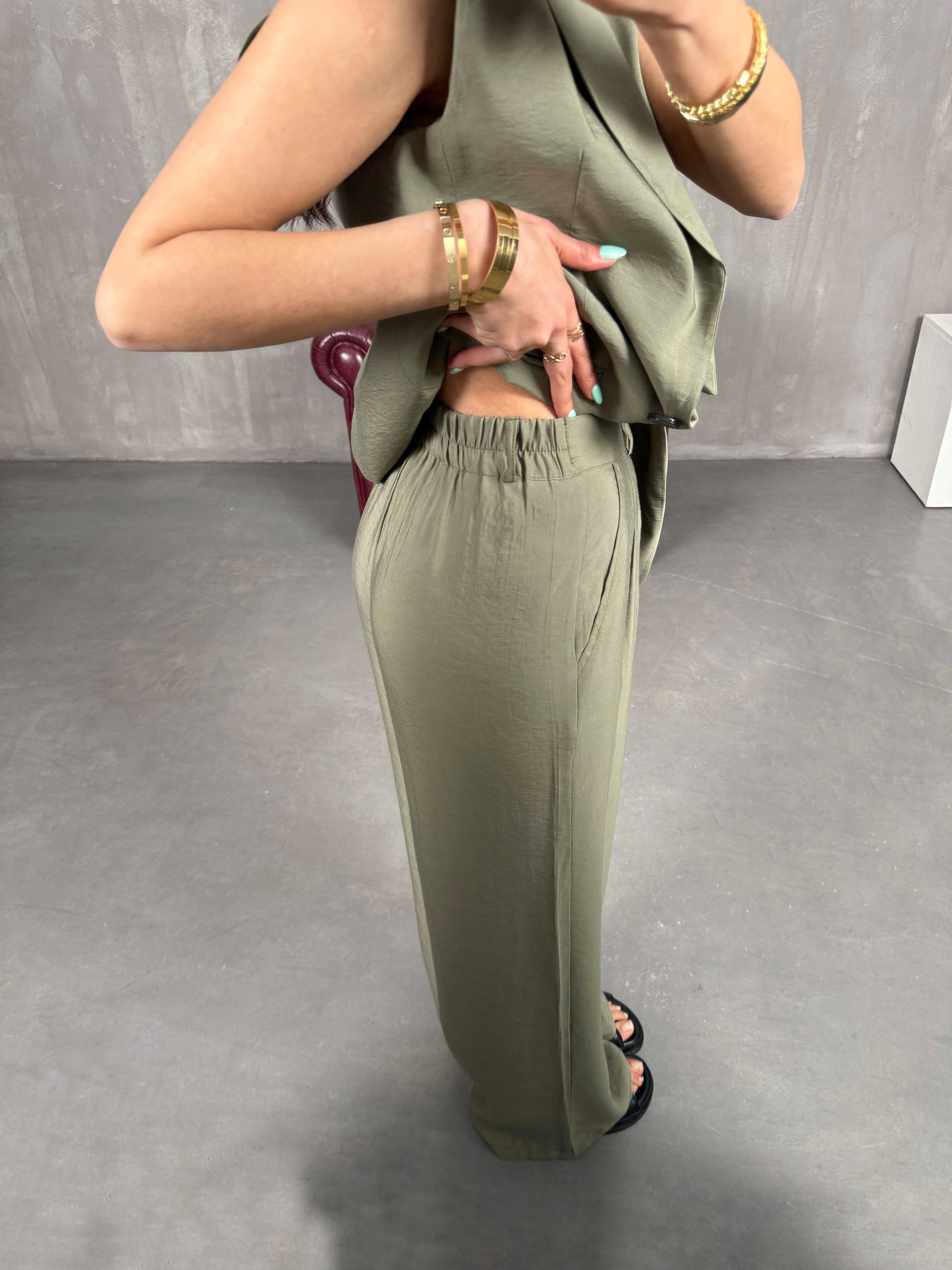 Haki Astarlı Vatkalı Yelekli Beli Lastikli Pantolon İkili Tensel Takım Gaus00233GausTAKIMGU1001537