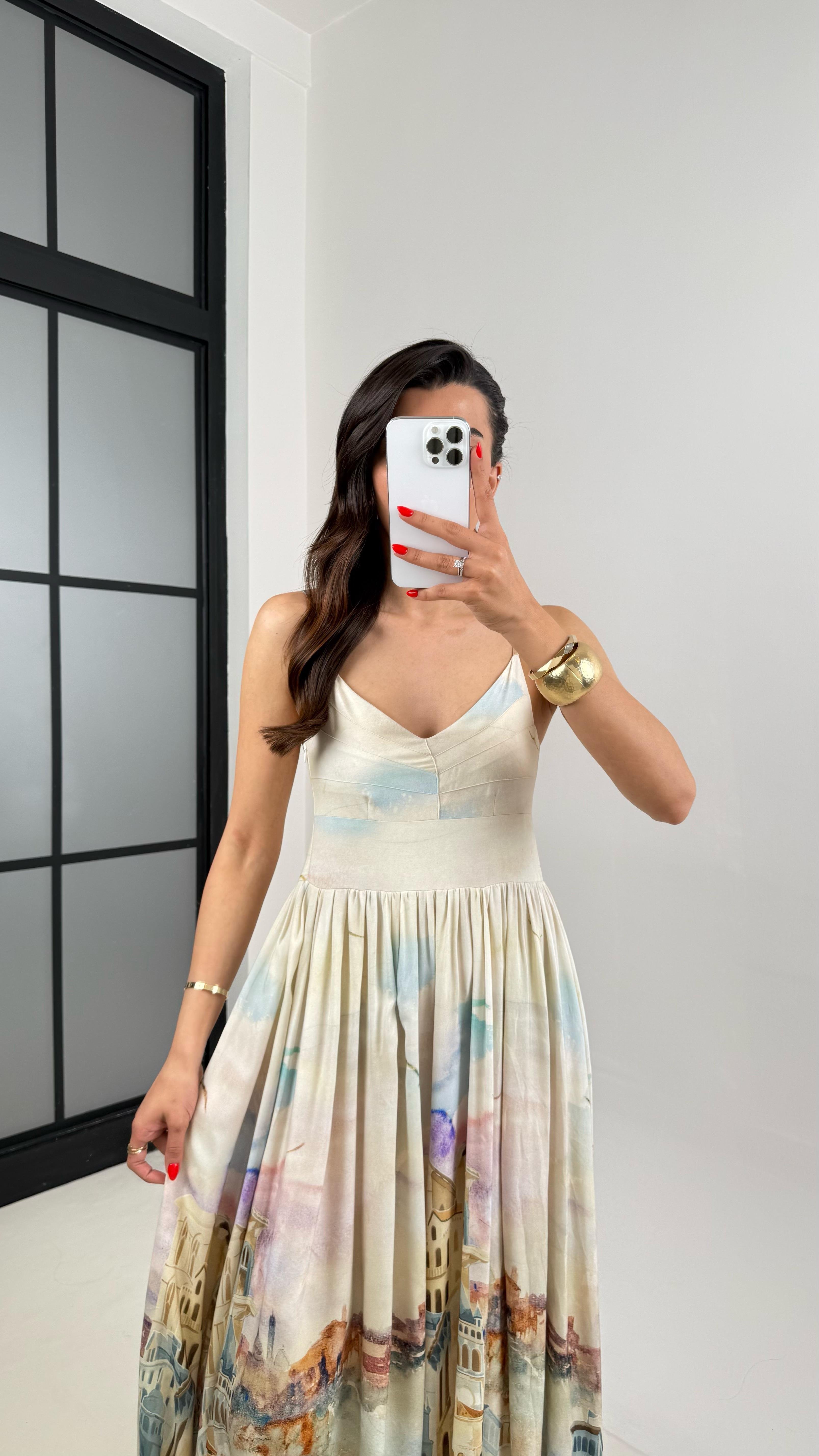 Taş Ayarlanabilir Askılı Desenli İthal Kumaş Tasarım Elbise Gaus00457GausELBİSEGU1002066