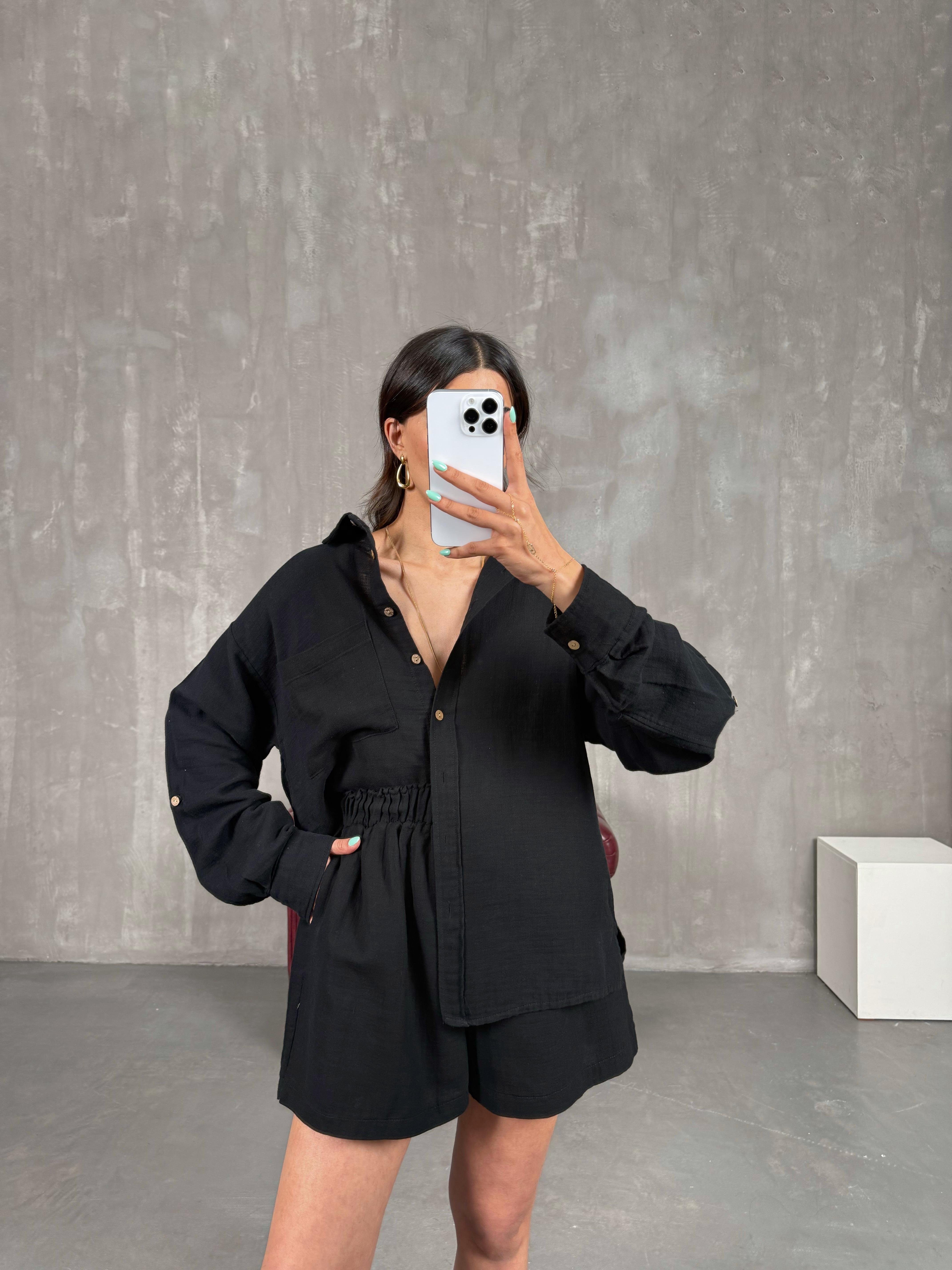 Siyah Cepli Gömlek Beli Lastikli Şort Takım Gaus00226GausTAKIMGU1001524