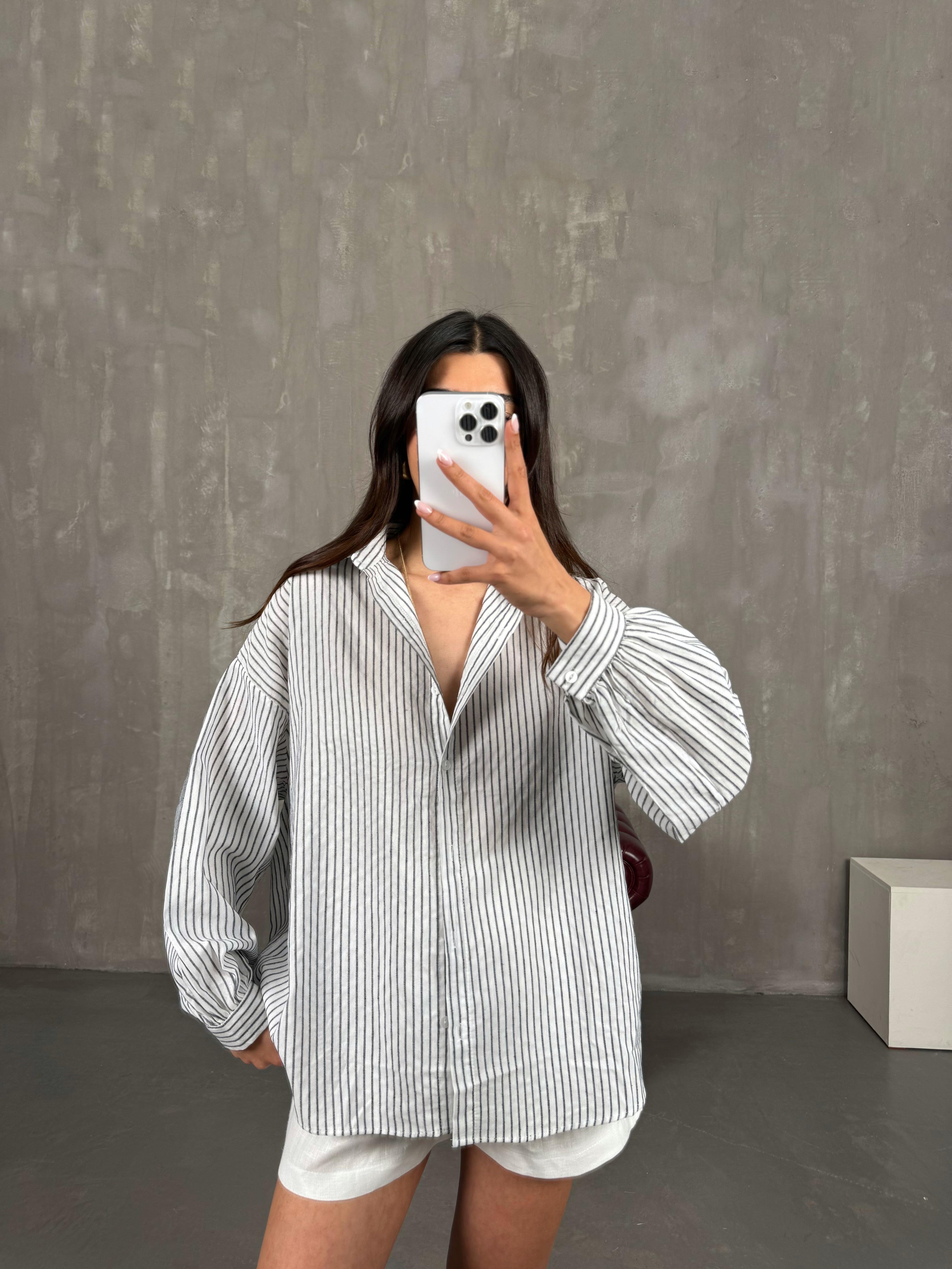 Siyah Beyaz Çizgili Keten Gömlek Gaus00268GausGÖMLEKGU1001619